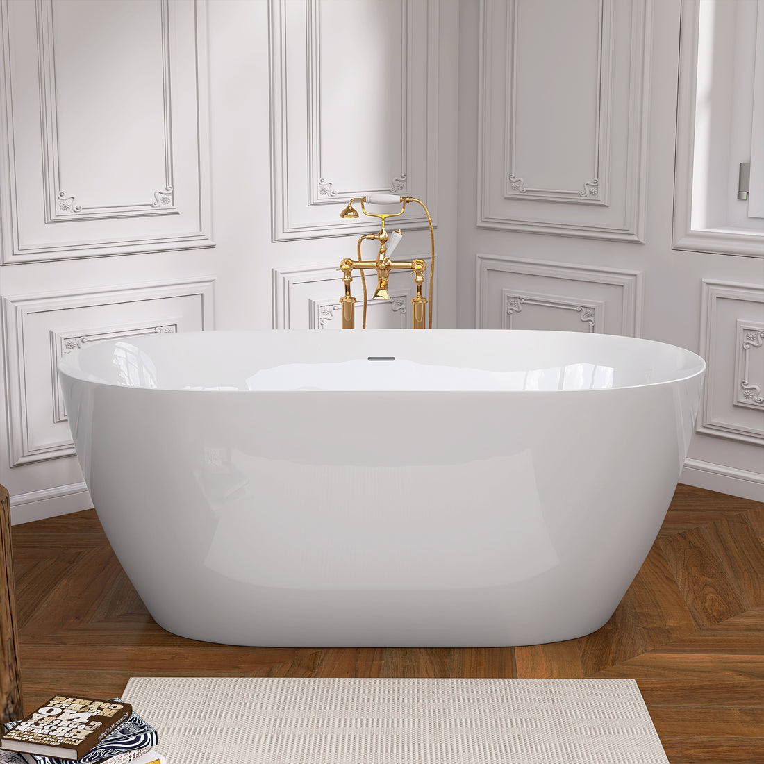 55 Inch Acrylic Freestanding Bathtub Contemporary Soaking White Tub With Overflow And Pop Up Drain Gloss White Gloss White Oval Bathroom Freestanding Tubs Polished Less Than 59 In Contemporary,Modern Soaking Center Fiberglass Acrylic