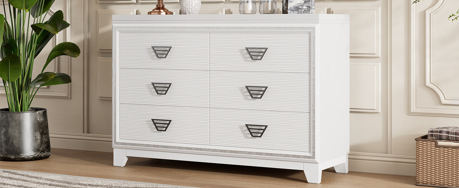 Elegant Dresser With Metal Handle And Sparkling Shiny Decoration, Storage Cabinet With 6 Drawers For Bedroom, Living Room, White White Mdf Metal