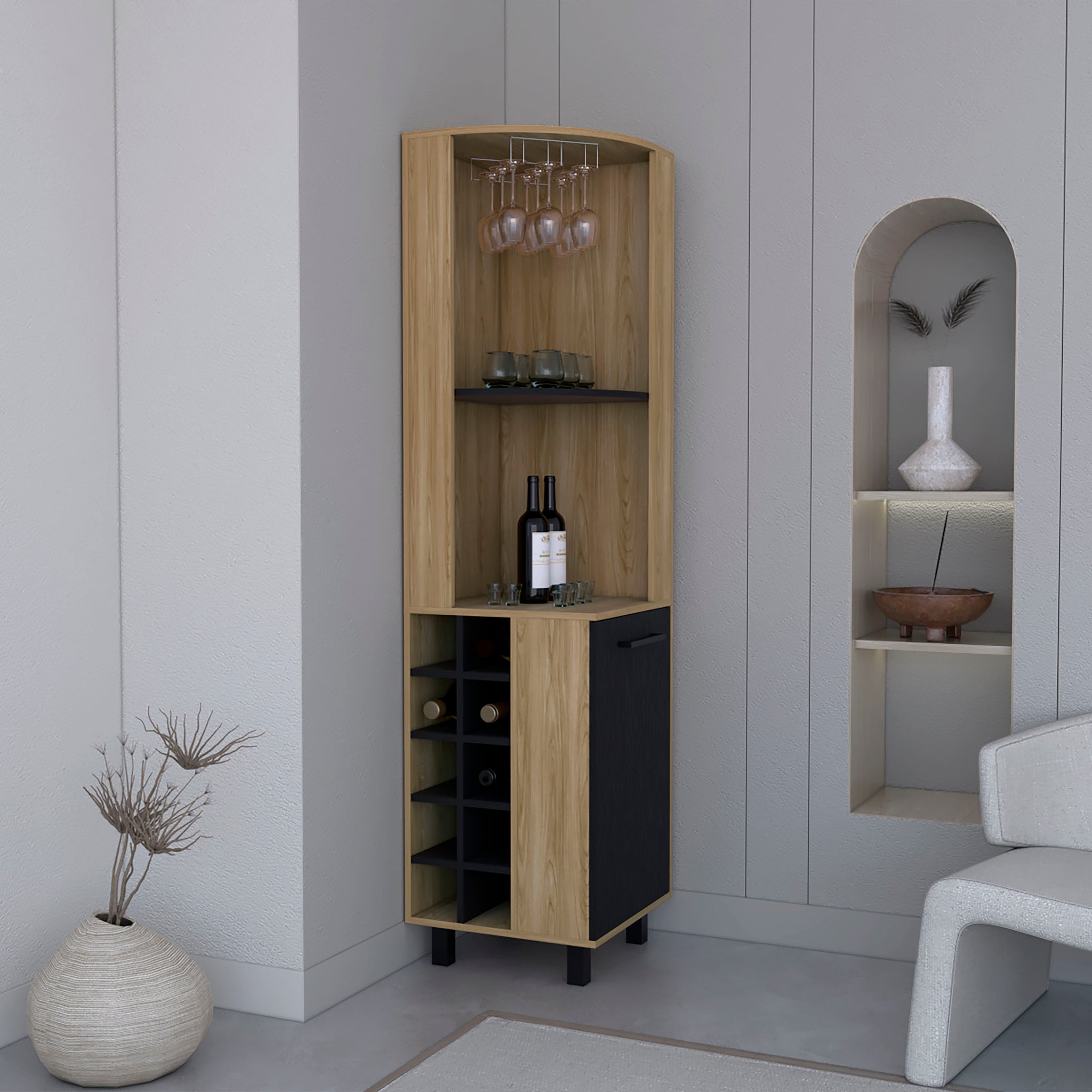 Kaia 70" Tall Corner Bar Cabinet With Four Shelves, Ten Wine Bottle Cubbies And Stemware In Black Pine Multi Primary Living Space Modern Particle Board