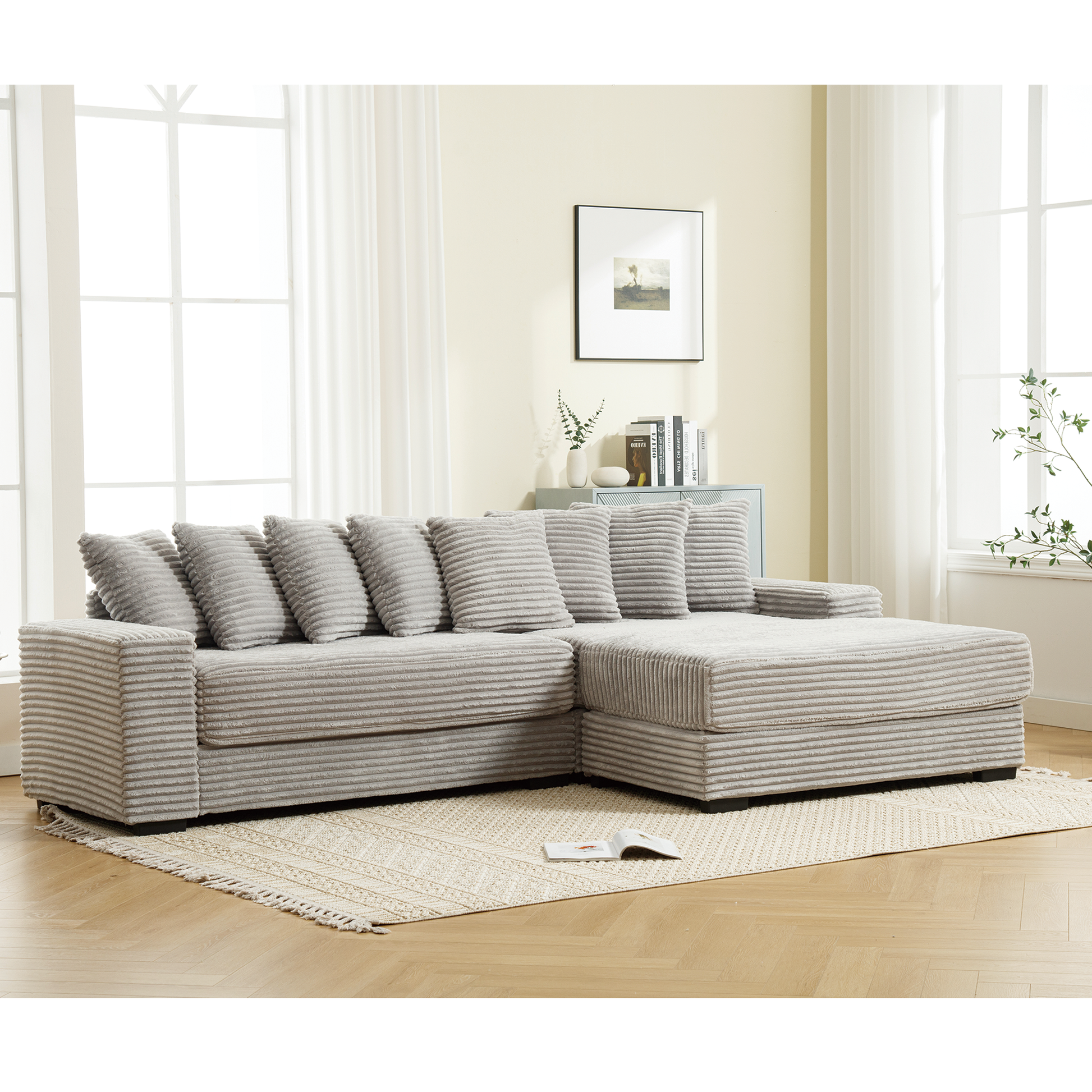 Arrived Oversized Two Piece Couches, L Shaped Sofa, Corduroy, Right Chaise Daybed,With Armrests,Eight Throw Pillows,Corner Sofa,Easy To Assemble, Gray Gray Polyester Wood Primary Living Space Medium Soft Pillow Back Modern Square Arms Wood 3 Seat