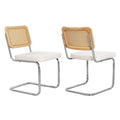 Mid Century Modern Dining Chairs Set Of 2, Velvet Accent Chairs With Natural Cane Back, White White Set Of 2 Fabric,Pe Rattan Iron