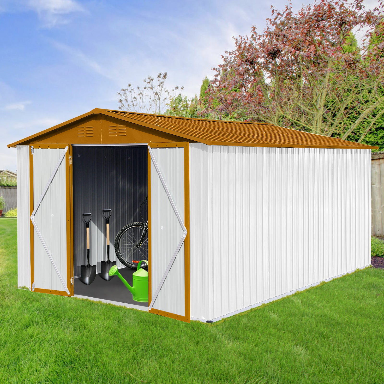 Metal Garden Sheds 10Ftx12Ft Outdoor White Yellow White Metal