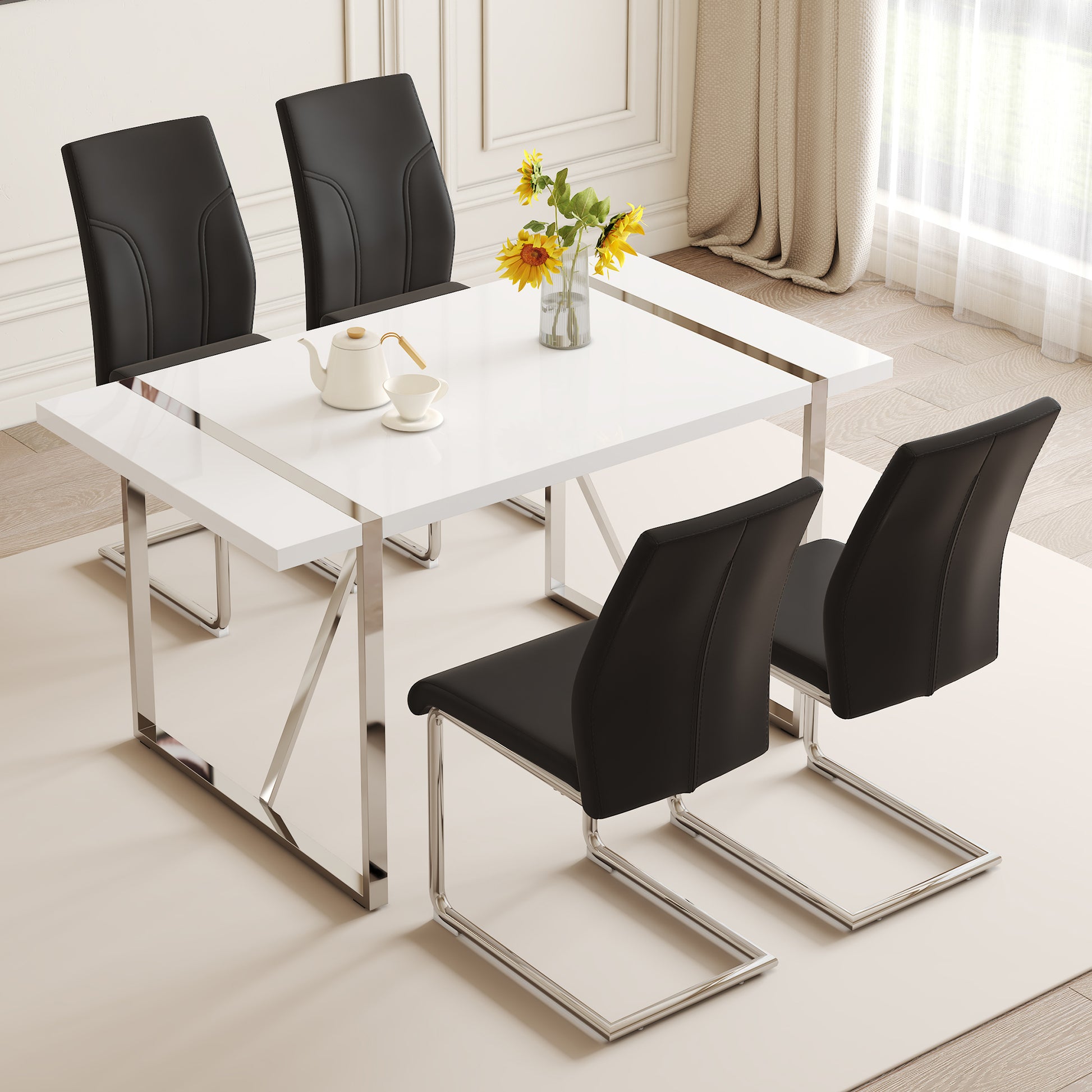 Table And Chair Set.55"X31.5" White Mdf Painting Dining Table Set With 4 Black Pu Chairs.Showcasing A Modern And Stylish Look.Suitable For Dining Room.Mdf Painting,Iron Pipe Plating,Pu Chiairs.