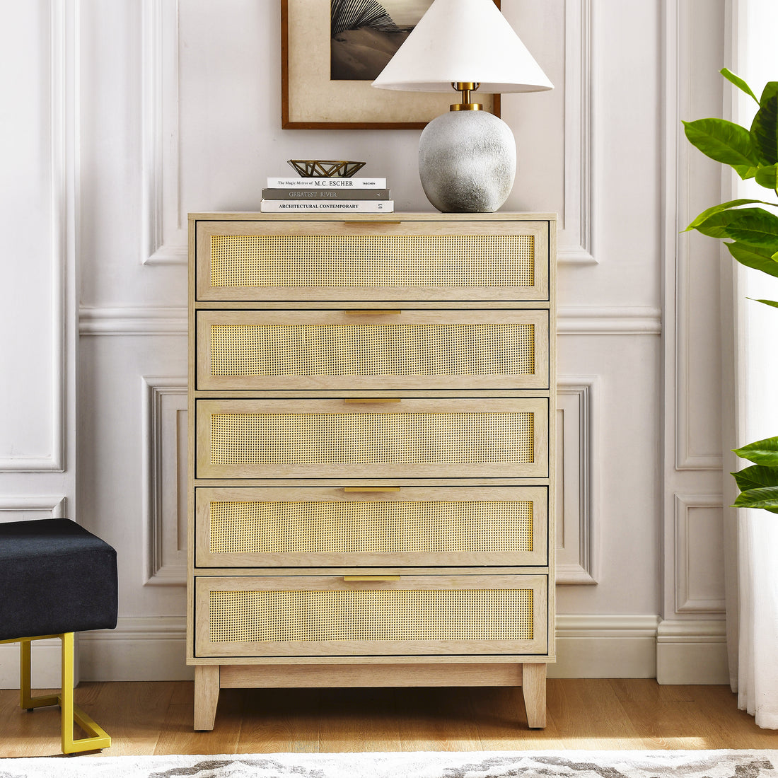 Bedroom 5 Drawer Dresser, Rattan Dresser Modern Wooden Chest Of Drawers With Spacious Storage Space For Bedroom Hallway Living Room Natural Wood Solid Wood Mdf