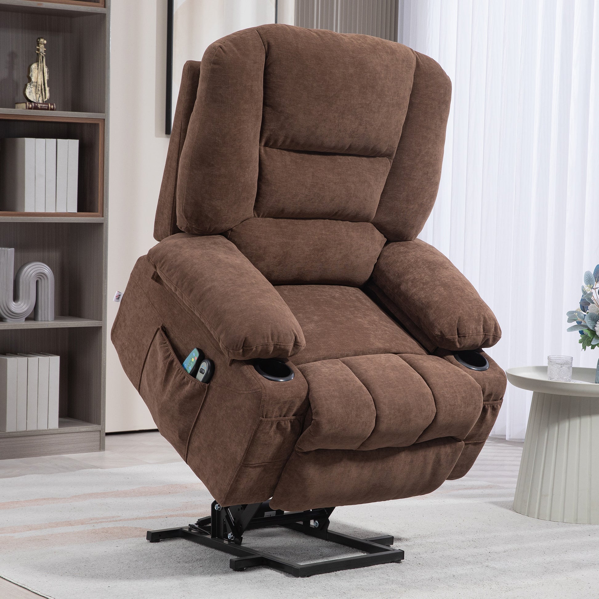 Homcom Power Lift Recliner Chair Sofa With Vibration Massage And Heat, Fabric Lift Chair For Elderly, Massage Recliner Chair With Remote Control, Side Pockets, Quick Assembly, Brown Brown Polyester