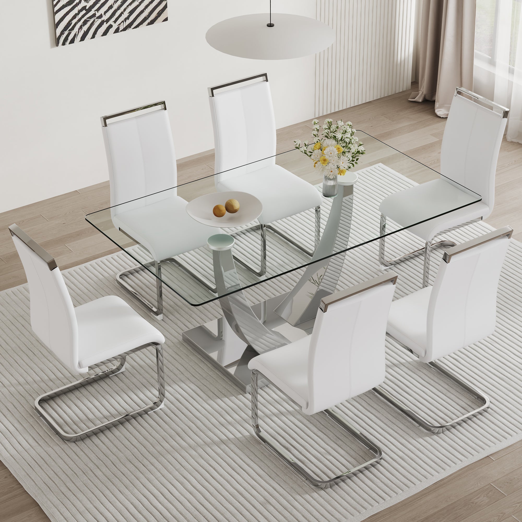 Table And Chair Set. Large Modern Rectangular Table With Glass Top And Silver Metal Legs. Furnished With Soft And Comfortable Pu Chairs With Faux Leather Upholstered Seats And Silver Metal Legs. White Silver Seats 6 Glass Metal