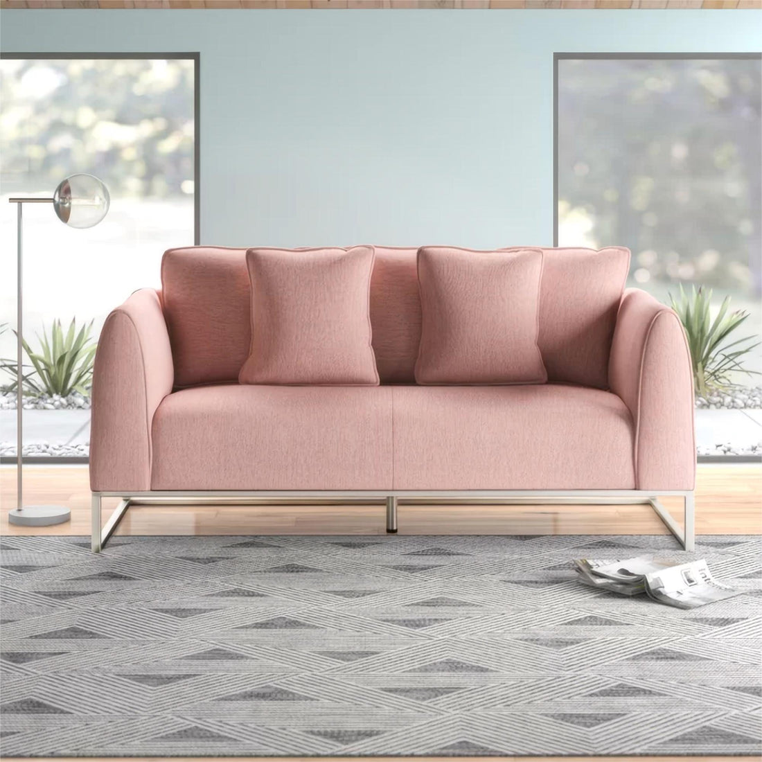 Chic And Cozy 82.75" Light Pink Fabric 2 Seater Sofa With Silver Legs And Soft Upholstery, Extra Deep Seats, For Small Space, Living Room, Office Apartment Light Pink, Fabric Pink Wood Primary Living Space Medium Soft Cushion Back Light Duty Art