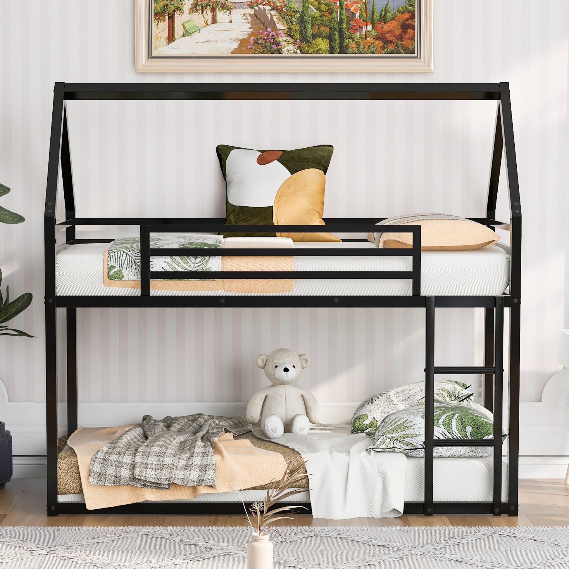 Twin Over Twin House Bunk Bed With Built In Ladder,Black Twin Black Metal