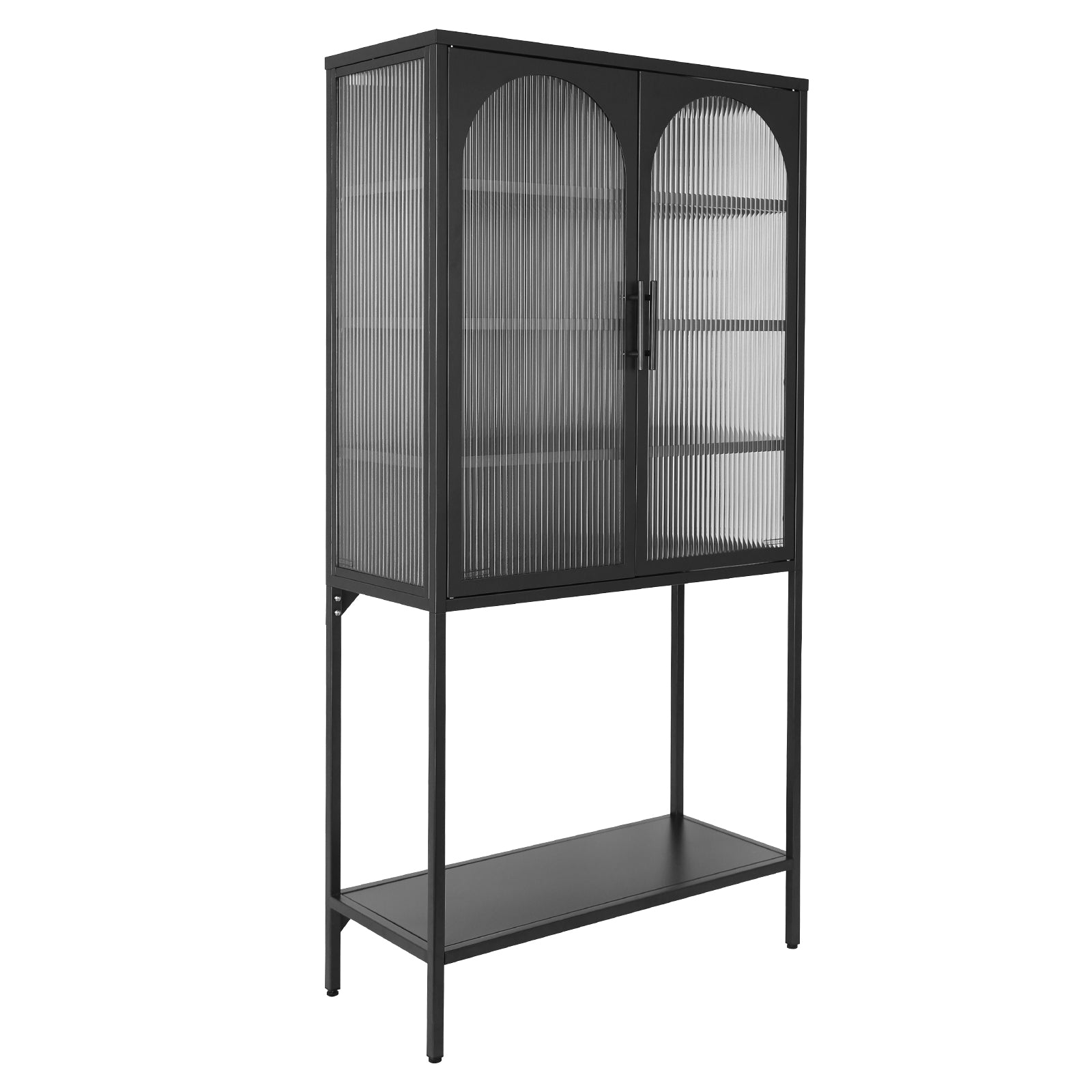 Elegant Floor Cabinet With 2 Glass Arched Doors Living Room Display Cabinet With Adjustable Shelves Anti Tip Dust Free Easy Assembly Black Black Tempered Glass Sheet Metal Plastic