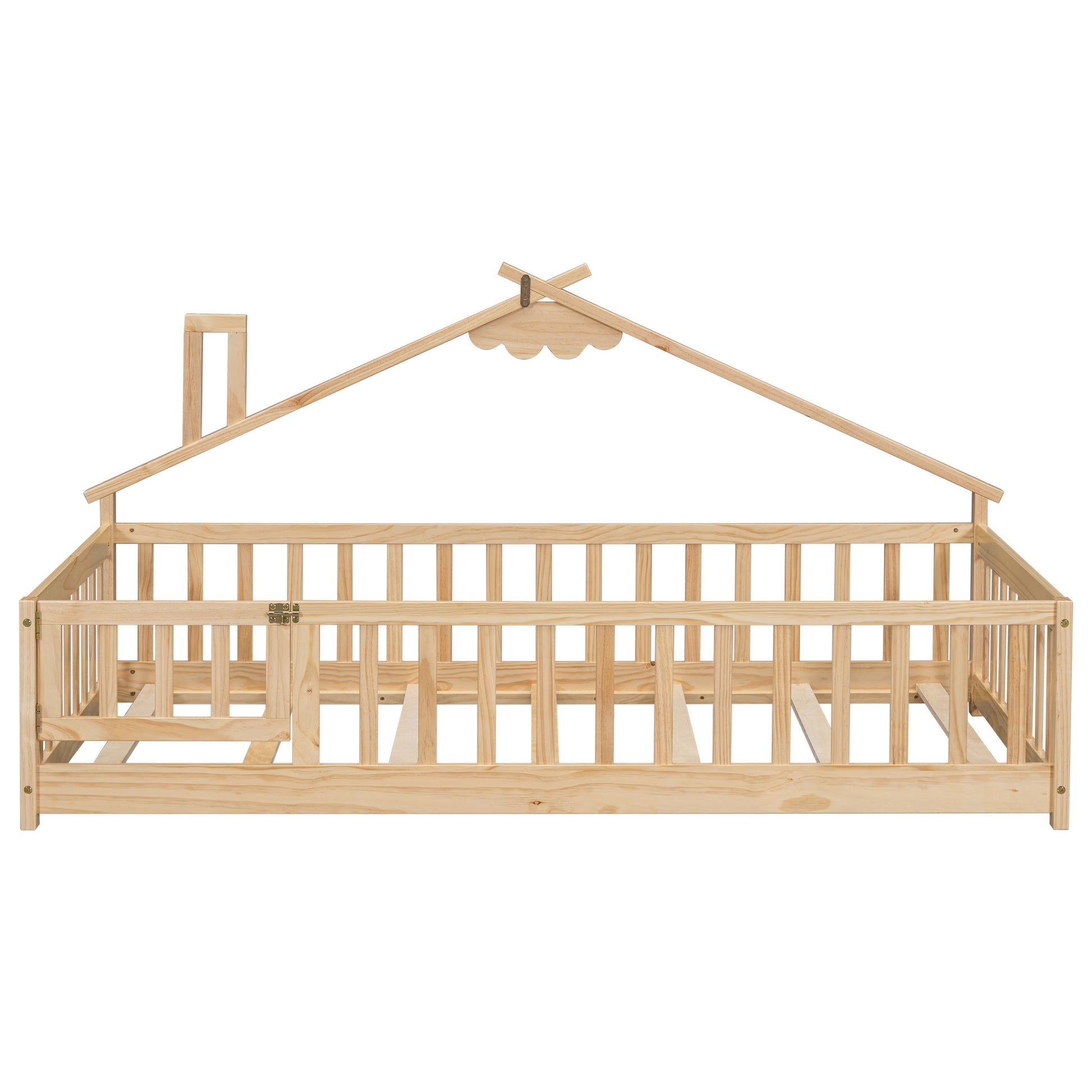 Twin House Shaped Bedside Floor Bed With Guardrails, Slats, With Door,Natural Twin Natural American Design Pine