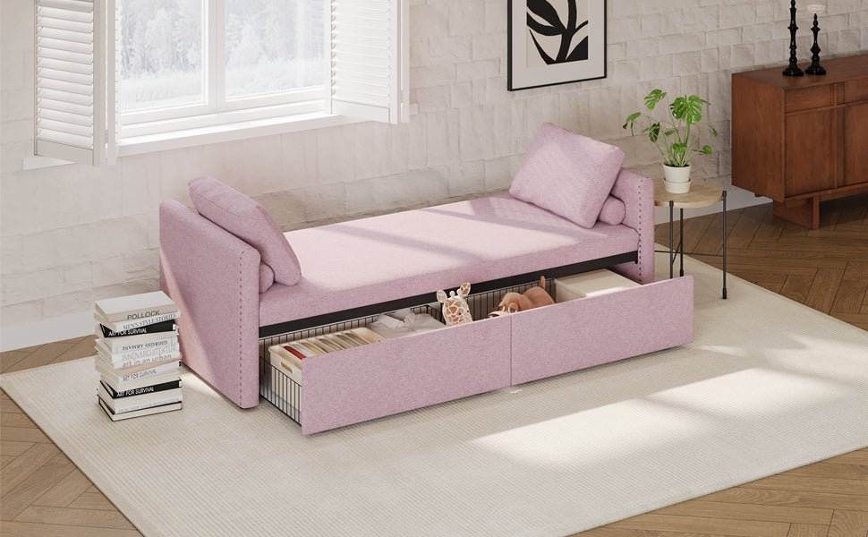 Modern Upholstered Chaise Lounger Daybed Small Single Daybed With 2 Drawers, No Mattress Needed, Perfect For Living Rooms & Home Office, Linen Fabric, Pink Pink Linen
