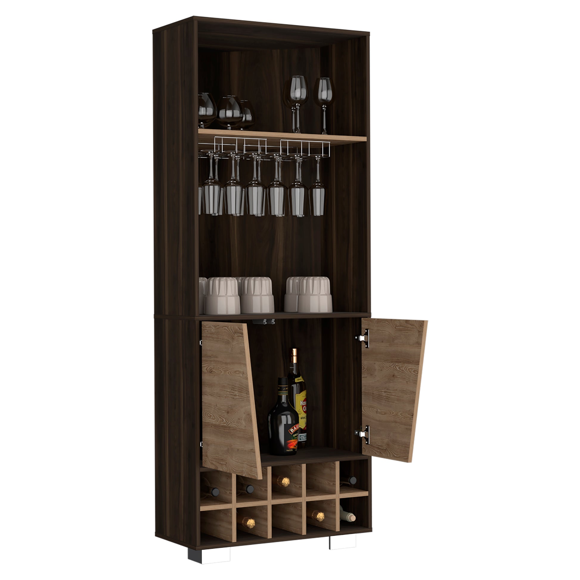 Fraktal Corner Bar Cabinet, Ten Built In Wine Rack, Two Shelves, Double Door Multi Primary Living Space Modern Shelves Included Particle Board