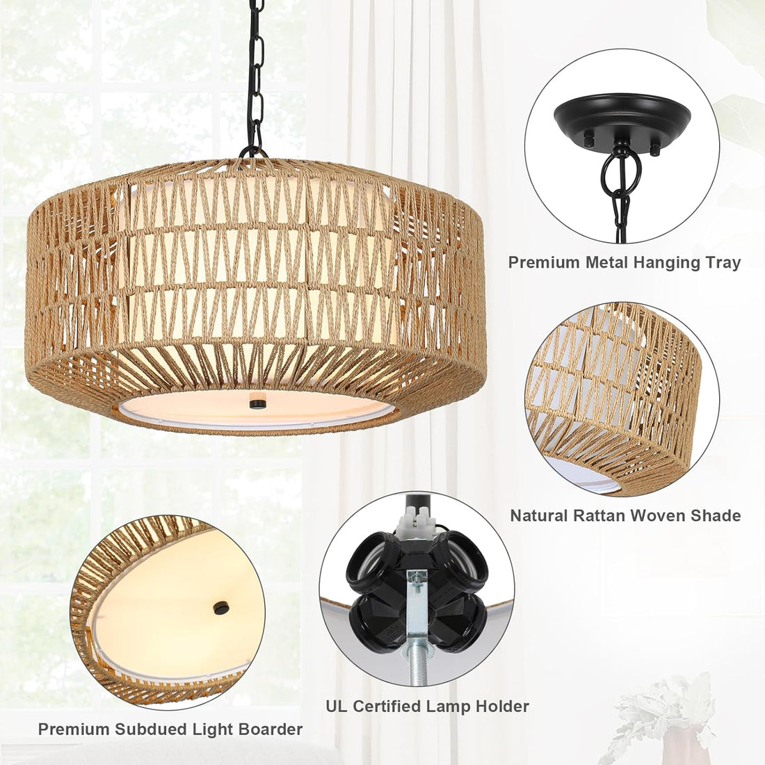 Farmhouse Chandelier Light Fixture,4 Light Rattan Boho Chandeliers For Dining Room With Fabric Shade,Hand Woven Large Rattan Dining Room Light Fixture For Kitchen Bedroom Island Hallway Brown Rattan Metal