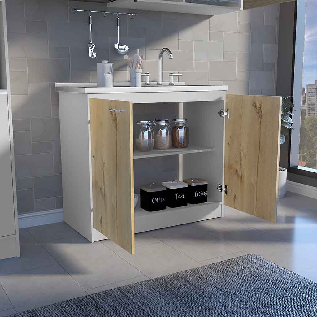 Freestanding Sink, Double Door Cabinet, Two Shelves, White Light Oak Multicolor Solid Wood Mdf Engineered Wood