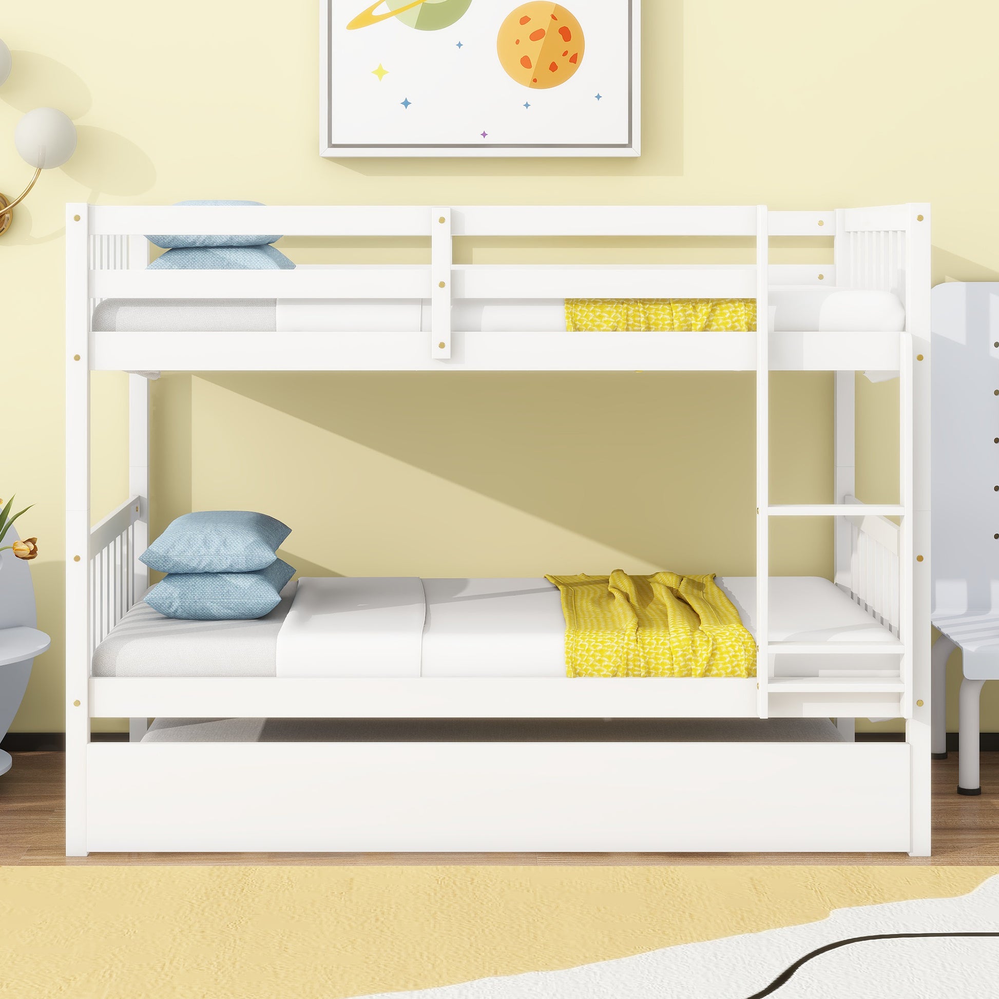 Twin Over Twin Rubber Wood Bunk Bed With Trundle, Convertible Into 2 Twin Size Beds, Twin Size Bunk Bed With Ladder And Safety Guardrails, White Twin White Rubber Wood