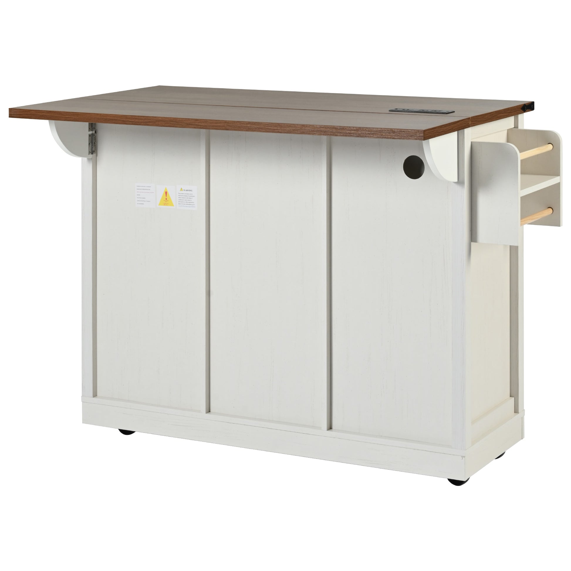 K&K 53.7" Farmhouse Kitchen Island With Power Outlet, 2 Sliding Barn Door Kitchen Storage Island With Drop Leaf, Spice Rack Rolling Kitchen Cart On Wheels, For Home, Kitchen And Dining Room, White