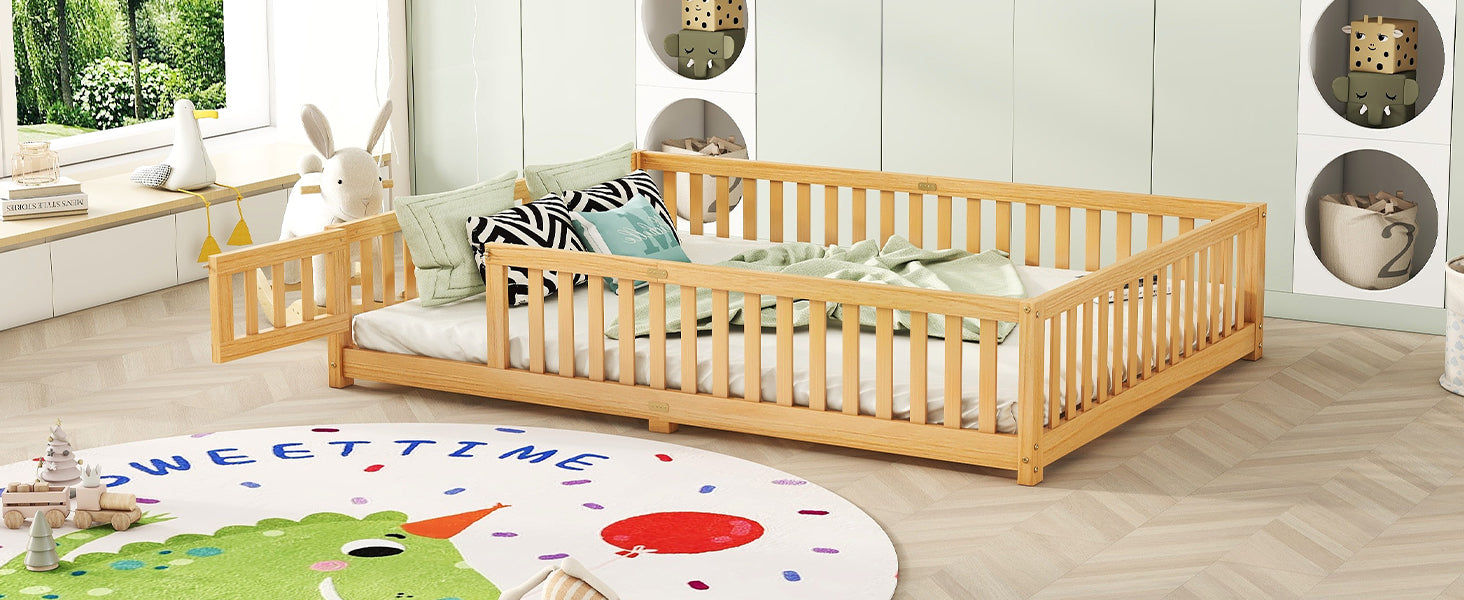 Queen Size Bed Floor Bed With Safety Guardrails And Door For Kids, Natural Expect Arrival Date 2024.7.26 , Old Sku W158090701 Queen Natural Pine