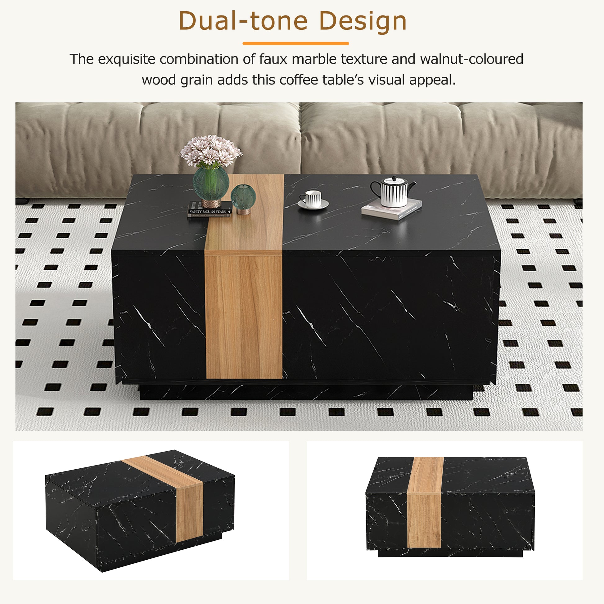 Modern 35.4 X 23.6 Inch Two Tone Coffee Table With Faux Marble And Walnut Wood Grain Finish, Rectangular Center Table With 2 Storage Drawers, Practical Cocktail Table For Living Room, Black Black Primary Living Space Drawers Rectangular Particle Board