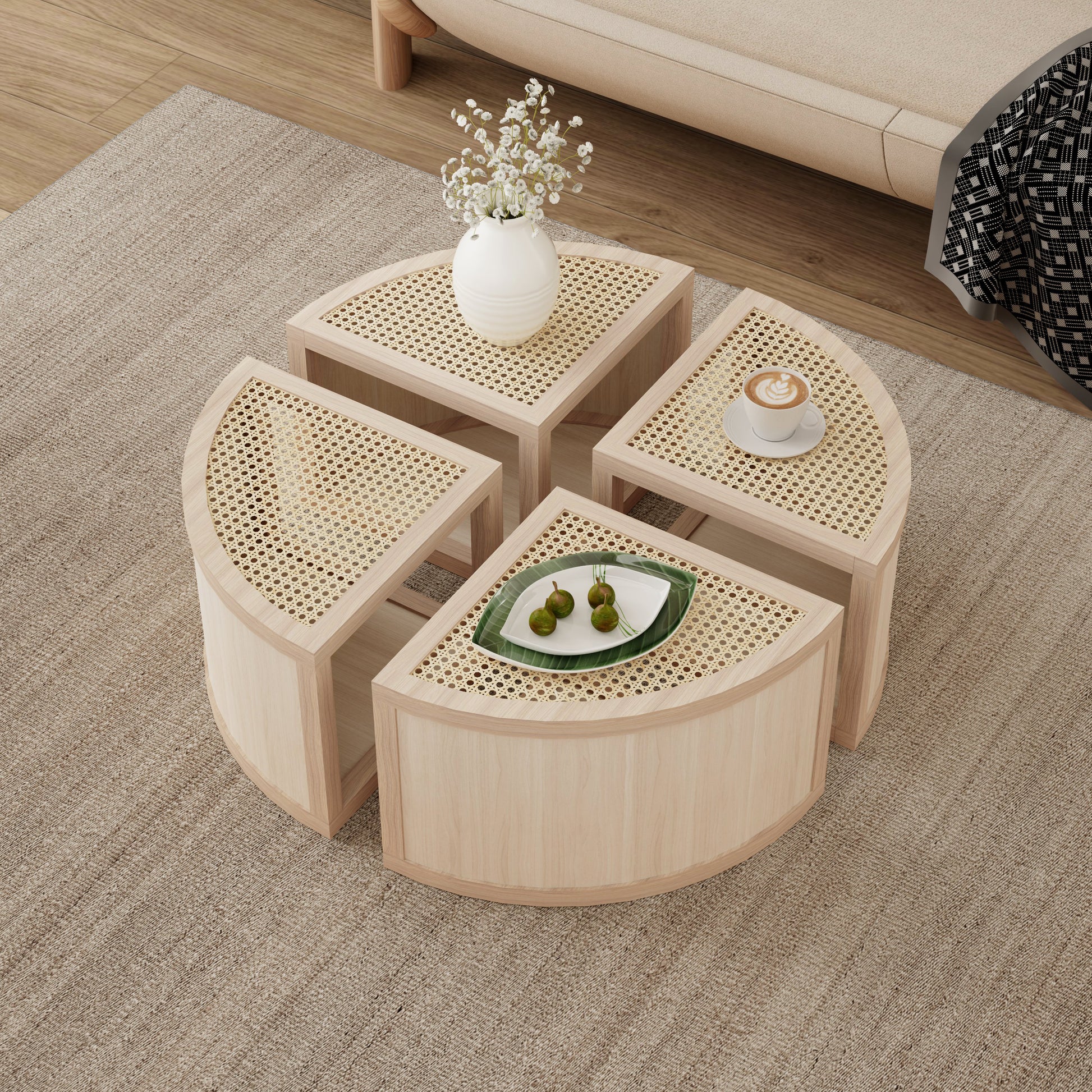 Round To Square Block Modular Coffee Table Light Natural Rattan With Storage 4 Piece Light Natural Rubber Wood