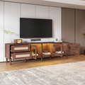 Rattan Tv Stand With 3 Cabinets & 2 Drawers, Rattan Inspired Media Console Table For Tvs Up To 80'', Led Light Entertainment Center, Tv Cabinet For Living Room, Bedroom, Home Theatre Dark Brown