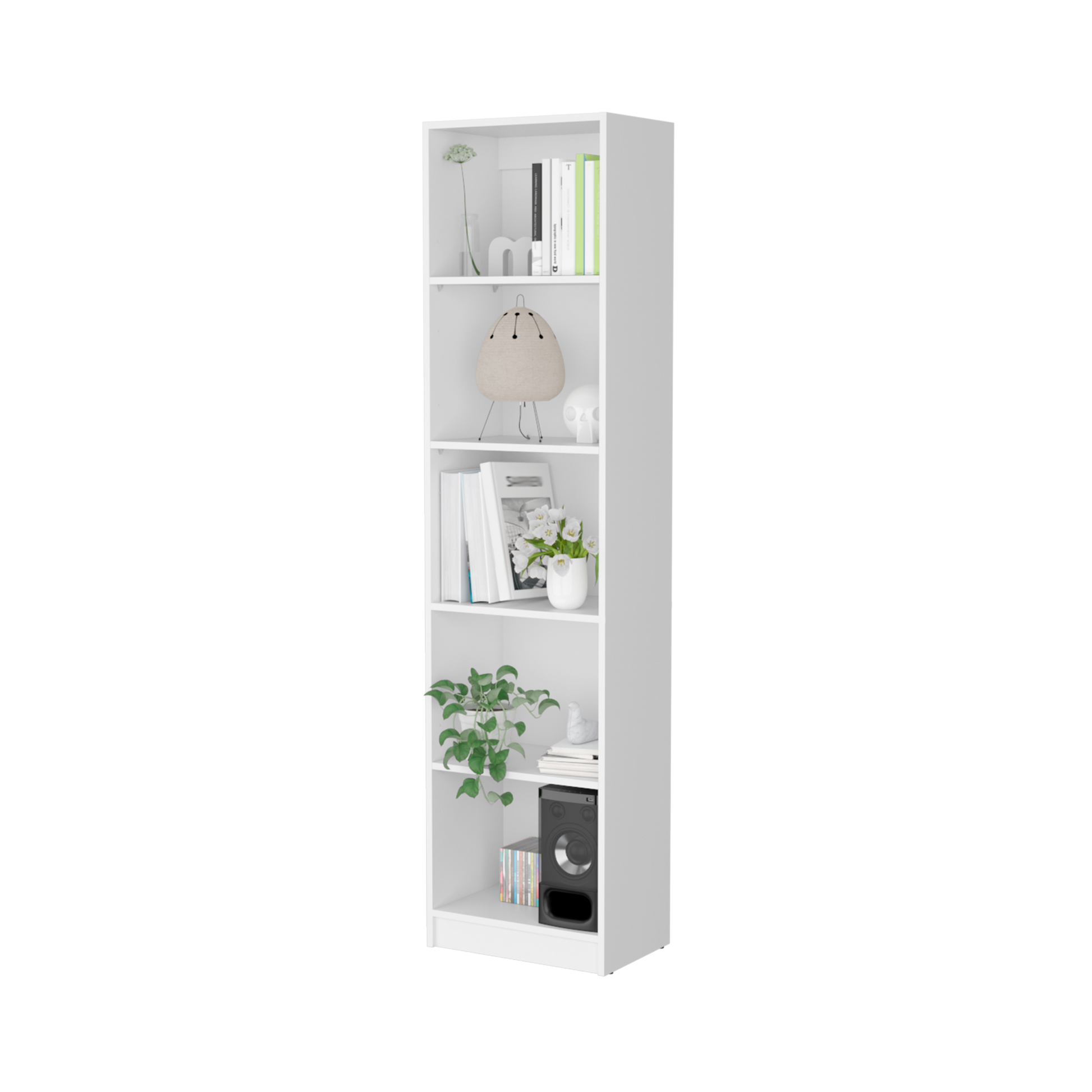 Sutton Slim Bookcase With Modern 5 Shelf Design White Particle Board Engineered Wood