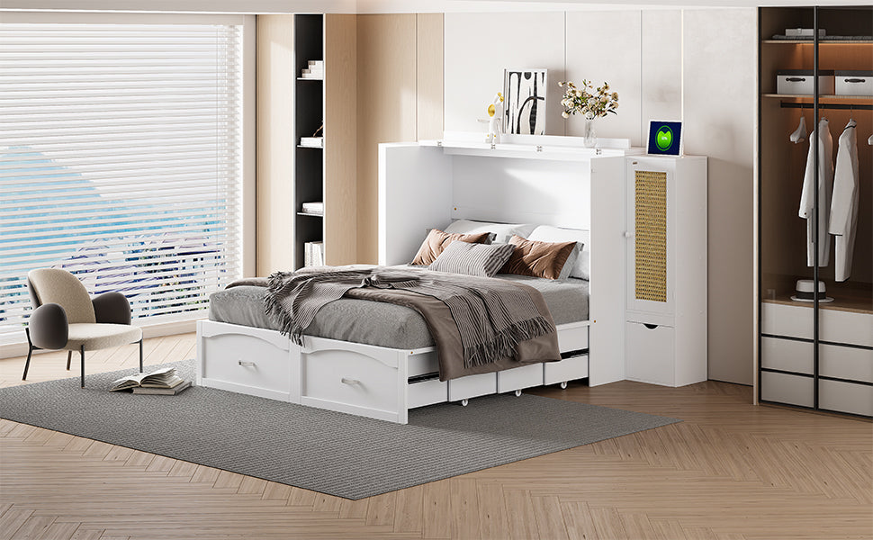 Queen Size Murphy Bed Wall Bed With Drawer And Rattan Decoration With 2 Storage Cabinets, One Set Of Sockets & Usb Ports, Pulley Structure Design, White Queen White Plywood