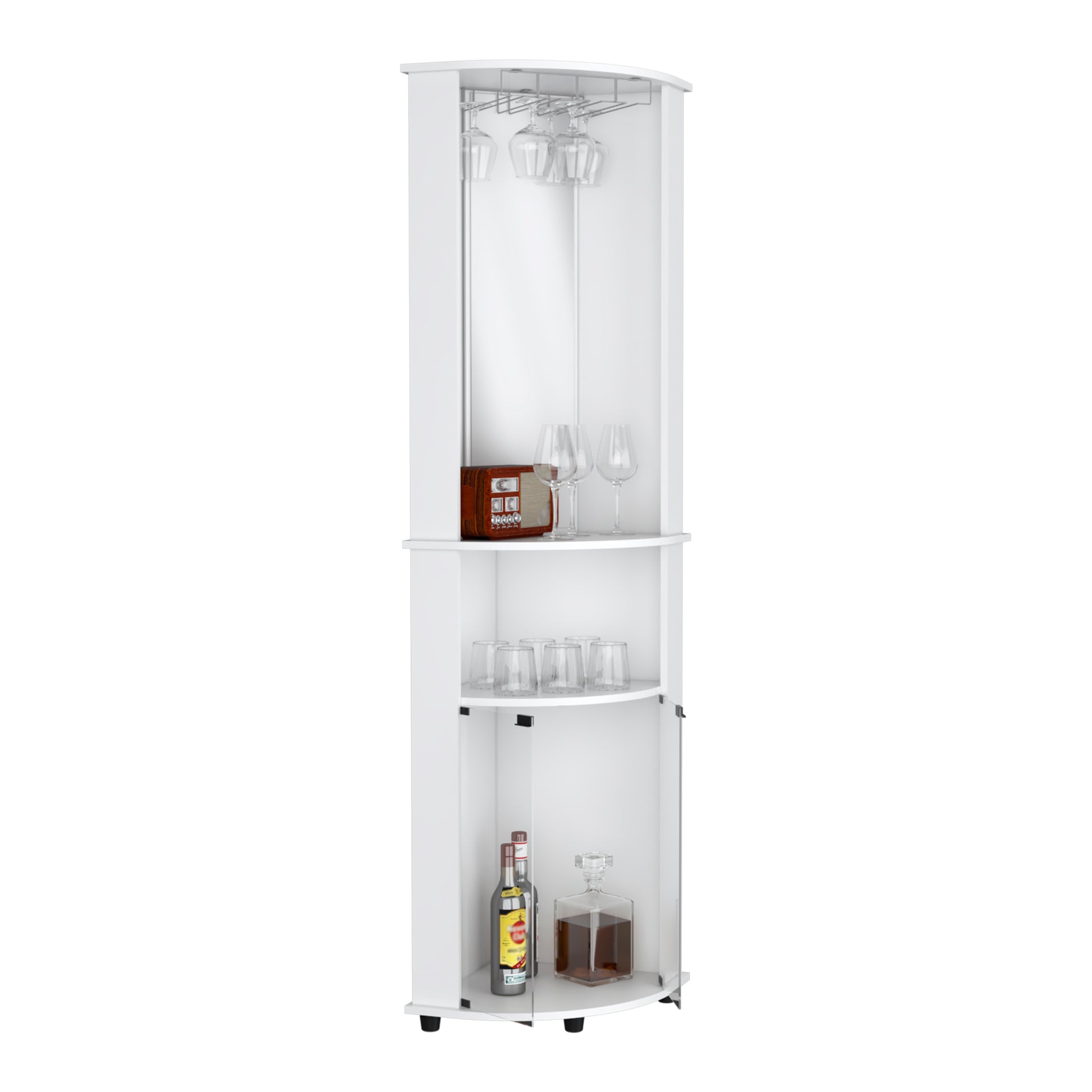 Chicago 75" H Mirrored Corner Bar Cabinet, With Glass Doors, Two Shelves And Stemware Freestanding White Mirrored Back Modern Particle Board