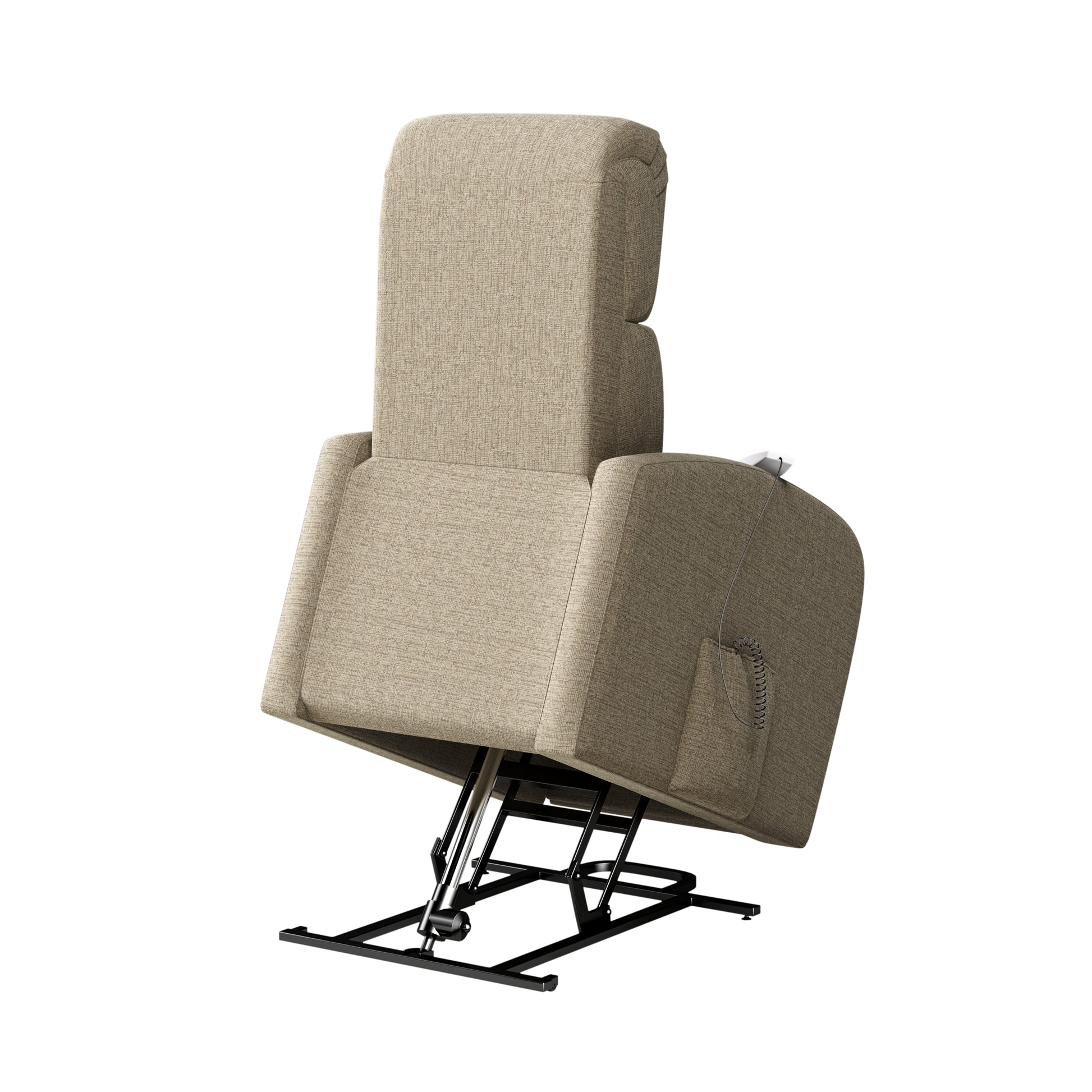 The Sandy Recliner Chair Tan Polyester Power Remote Wood Soft Cushion Back Push Button Fiber Foam Pads Polyester