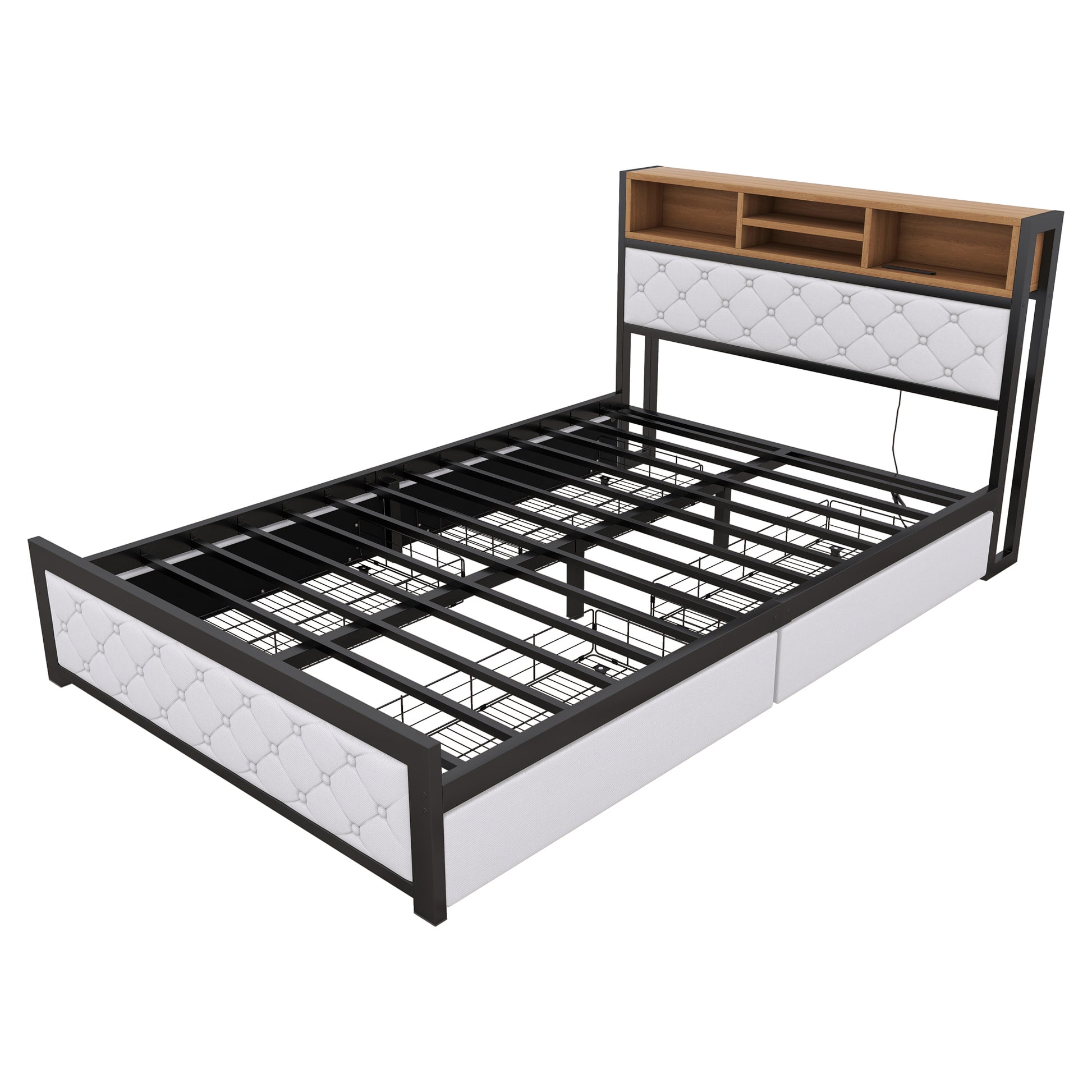 Metal Full Size Platform Bed With 4 Drawers, Upholstered Headboard And Footboard, Sockets And Usb Ports, White Full White Black Fabric Metal