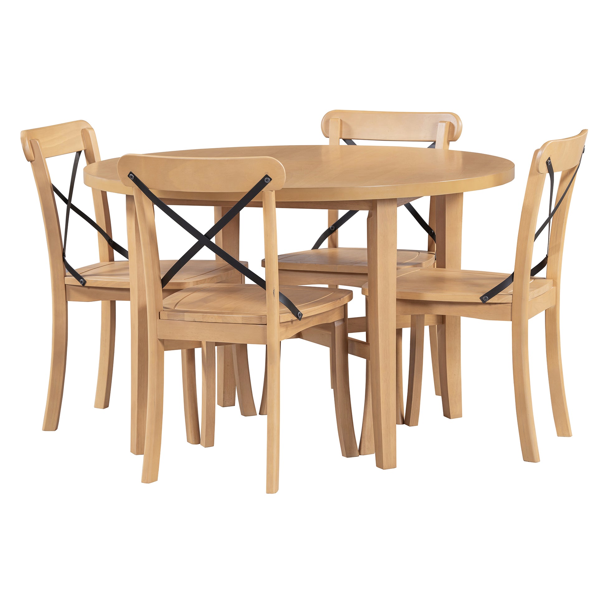 5 Piece Dining Set, Retro Simple Round Table And 4 Chairs With X Shaped Backrest For Kitchen, Dining Room And Living Room Natural Natural Rubber Wood