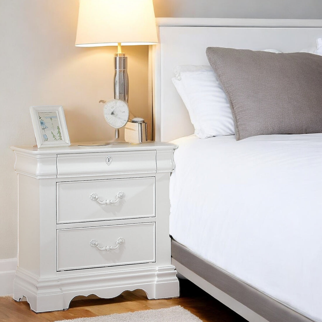 White 3 Drawer Nightstand With Hidden Top Drawer White 3 Drawers Bedroom Rectangle Pine Felt Lined Drawers White Pine