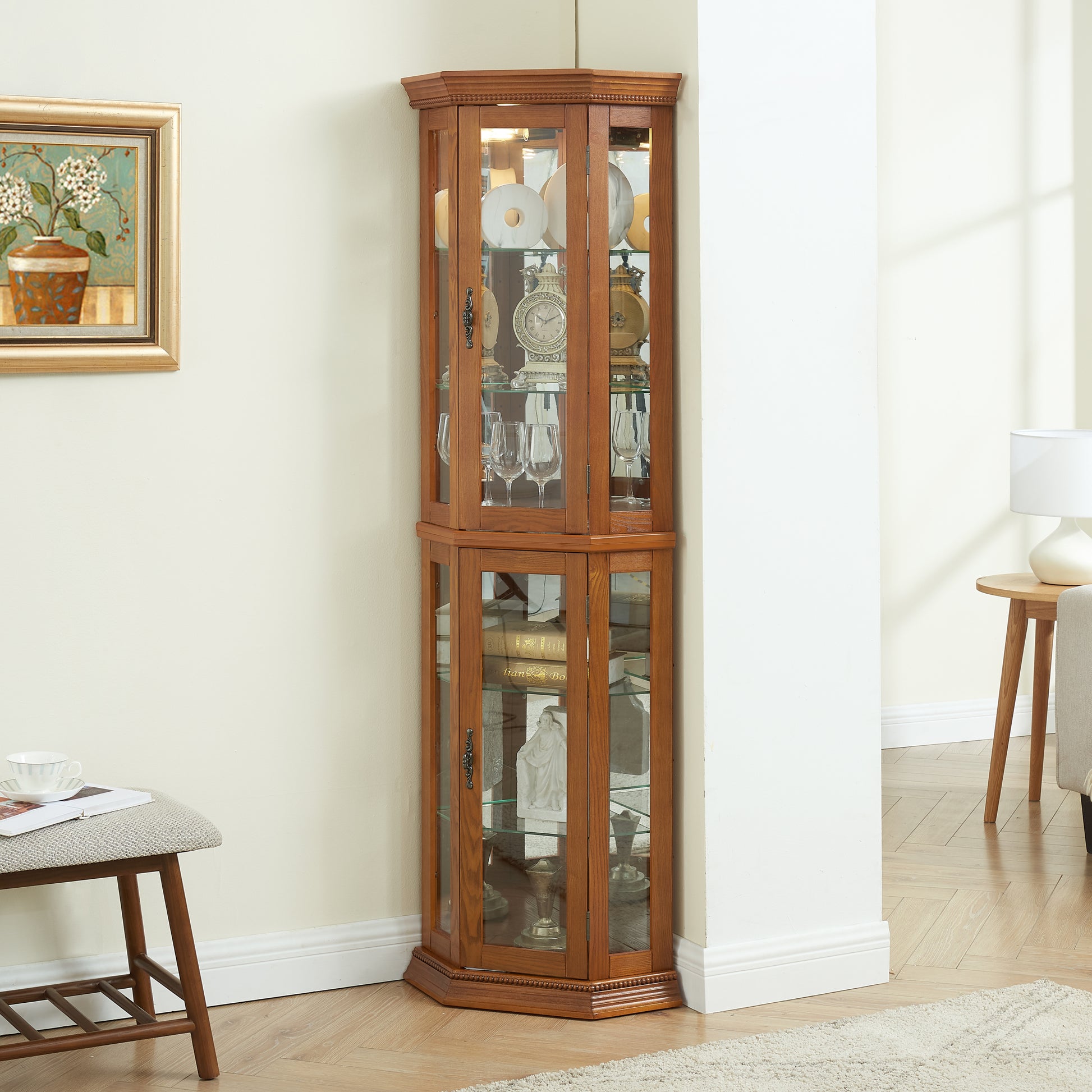 Corner Curio Cabinet Lighted Corner Display, Glass Display Shelf Shelving Bar Cabinet With Tempered Glass Door, Bar Cabinet,Cabinet With Adjustable Shelf Glass Cabinet Shelves Bead Bulb Included Oak Oak Mdf Glass