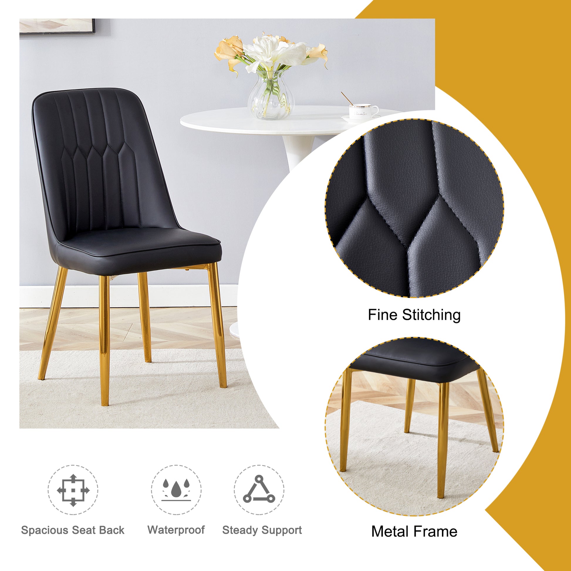 4 Modern Dining Chairs, Sleek Pu Leather Backrest, And Gold Metal Legs Bring A Comfortable Home Experience To The Kitchen, Bedroom, And Office. Black Pu