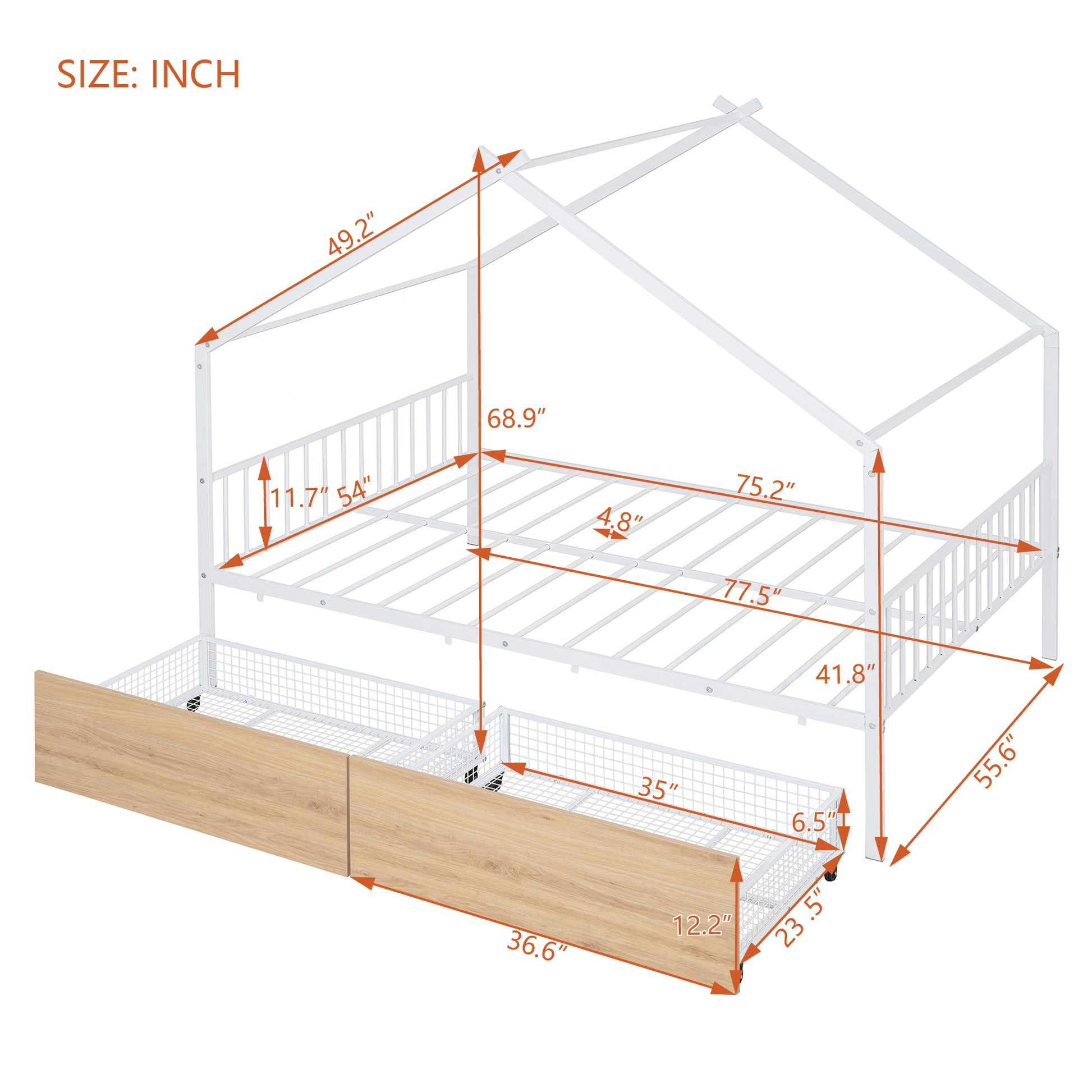 Full Size Metal House Bed With Two Drawers, White Full White Metal