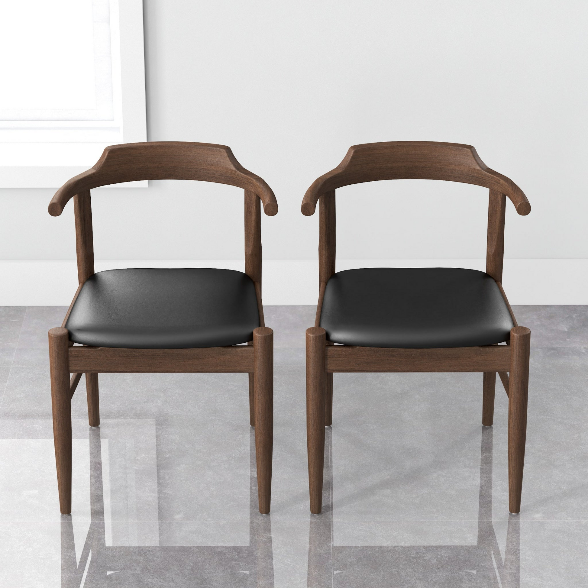 Leon Mid Century Modern Leather Dining Chair Set Of 2 Solid Black,Wood Brown Dining Room Foam Wipe Clean Mid Century Modern Dining Chairs Set Of 2 Foam Leather,Solid Wood