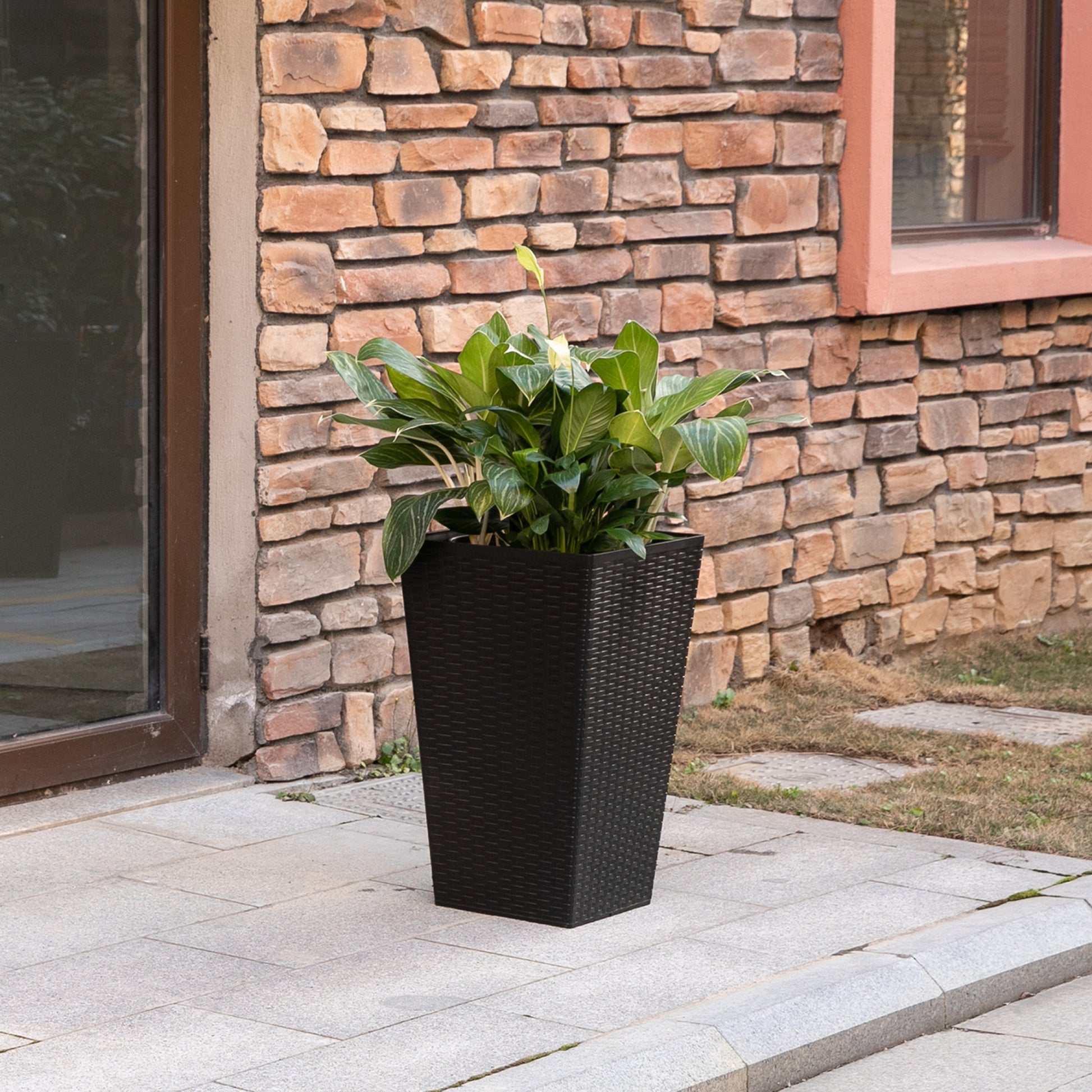 Outsunny Set Of 3 Tall Planters With Drainage Hole, Outdoor Flower Pots, Indoor Planters For Porch, Front Door, Entryway, Patio And Deck, Black Black Polypropylene