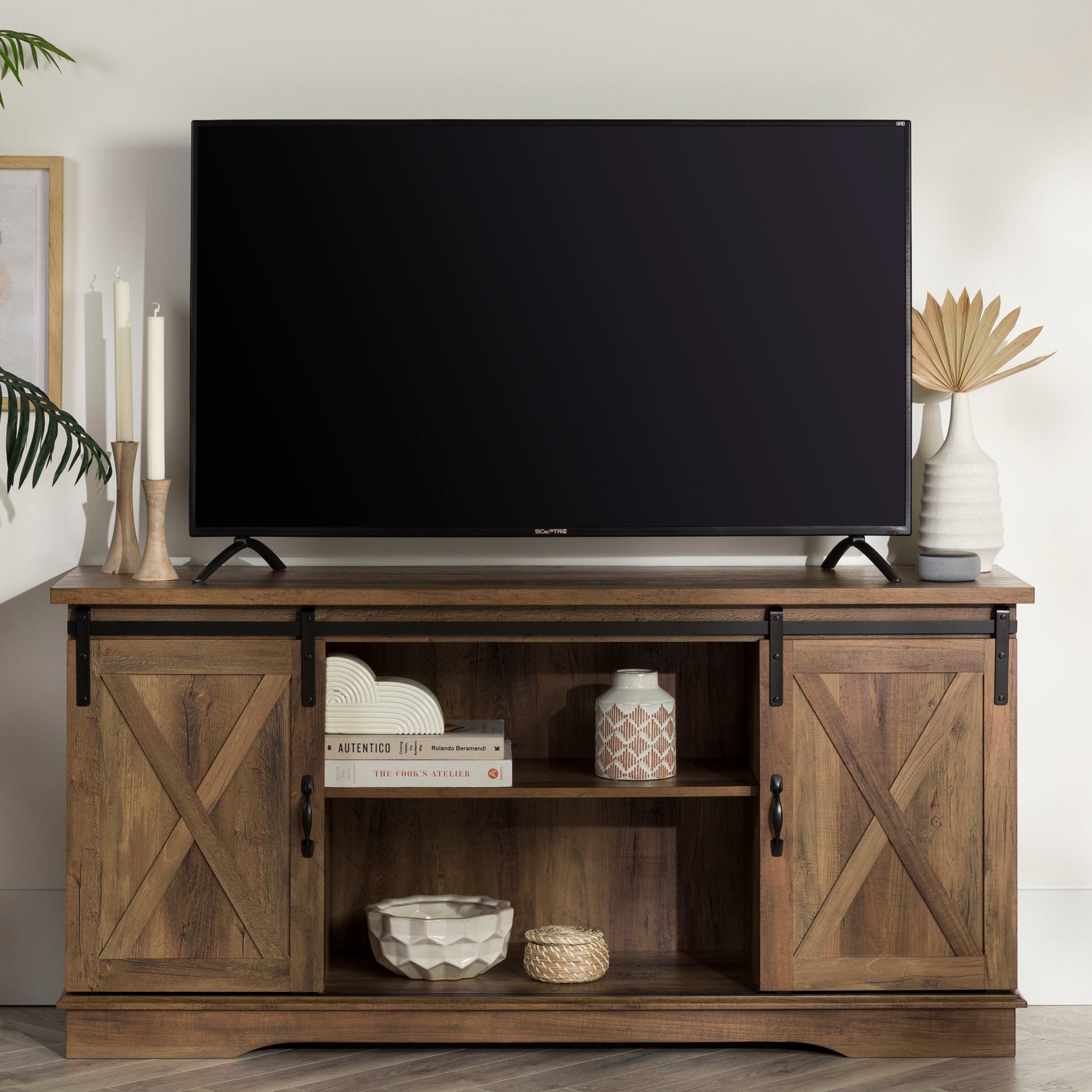 Farmhouse Sliding X Barn Door 58" Tv Stand For 65" Tvs Rustic Oak Oak Mdf