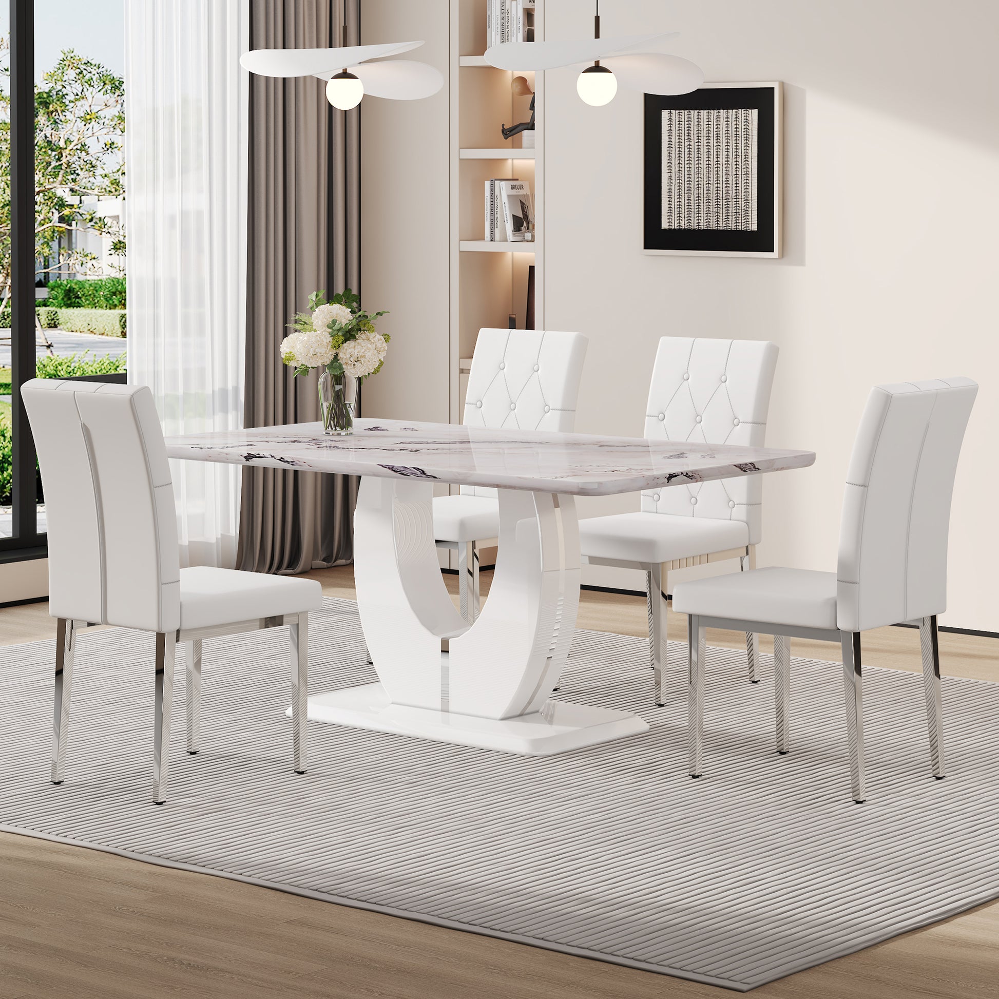 Table And Chair Set, Modern Minimalist White Marble Textured Rectangular Dining Table. Suitable For Restaurants And Living Rooms. Soft Cushion Seats.F 1280 White Mdf