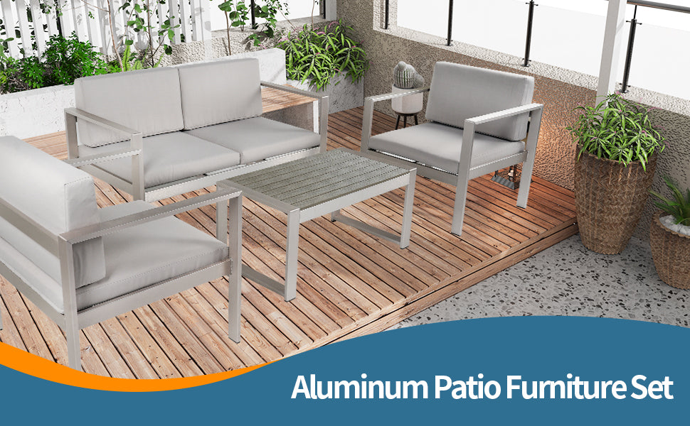 Aluminum Modern 4 Piece Sofa Seating Group For Patio Garden Outdoor Yes Complete Patio Set Gray Silver Mildew Resistant Frame Fade Resistant Cushion Garden & Outdoor Modern Complete Patio Sets Aluminium Aluminium