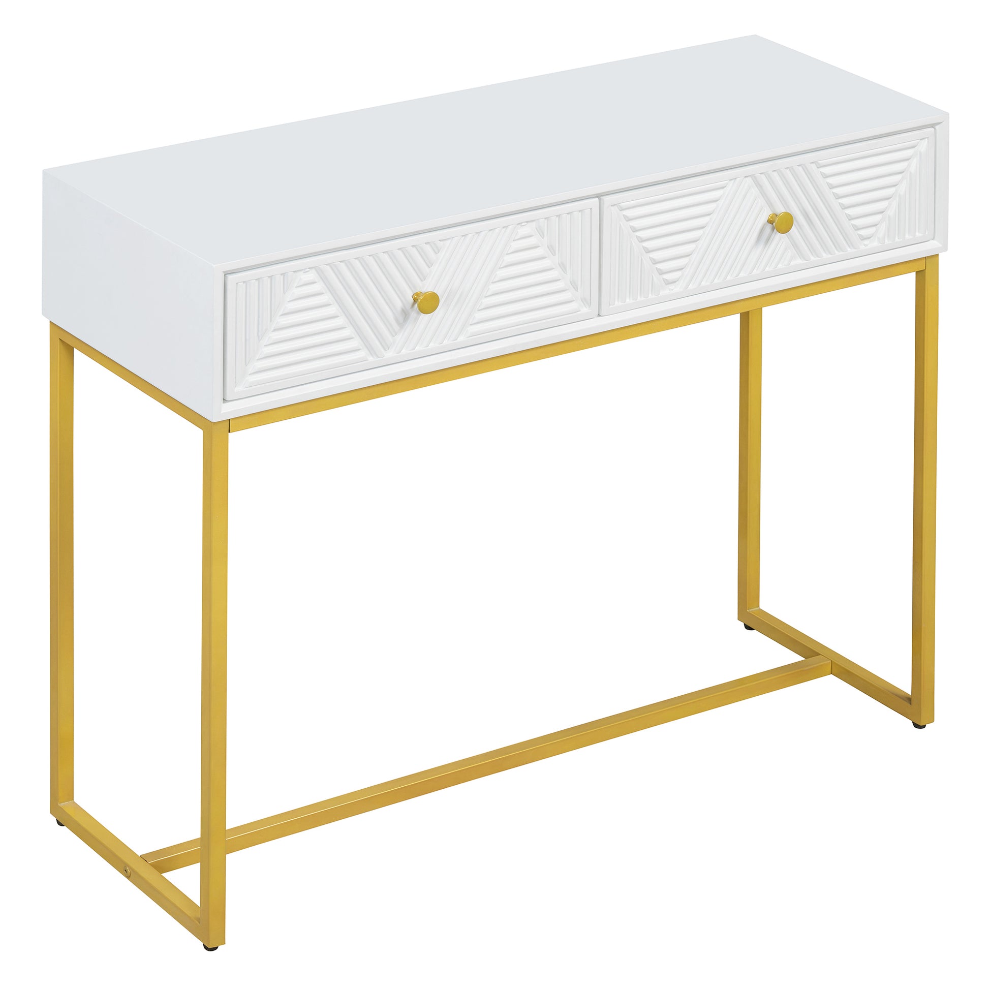 Modern Sleek Console Table Two Drawers With Stripe Design For Living Room And Entryway White White Mdf