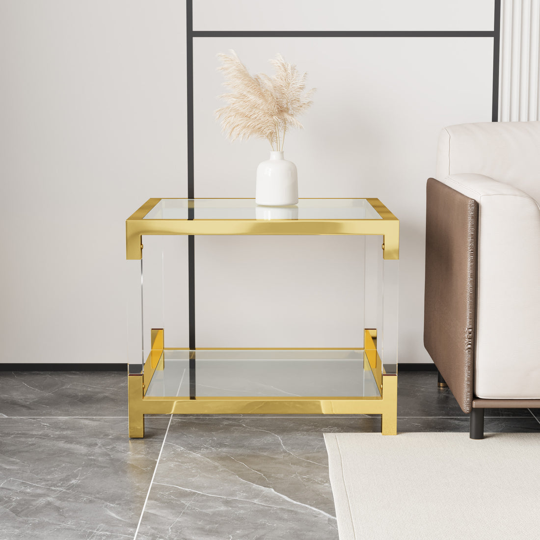 Modern Minimalist Style Gold Metal Frame With Acrylic Leg Coffee Table Cs 1195 1 Golden,Transparent Glass Acrylic