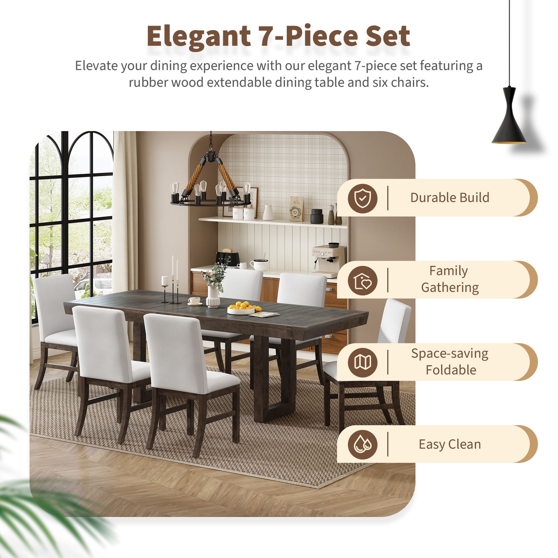 Traditional 7 Piece 72" Extendable Dining Table Set With 12Inch Butterfly Leaf And 6 Upholstered Dining Table Set, Brown Wood Dining Room Distressed Finish Rubberwood Rectangular Dining Table With Chair Wood Wood Brown Seats 6 72 Inches Butterfly Leaf