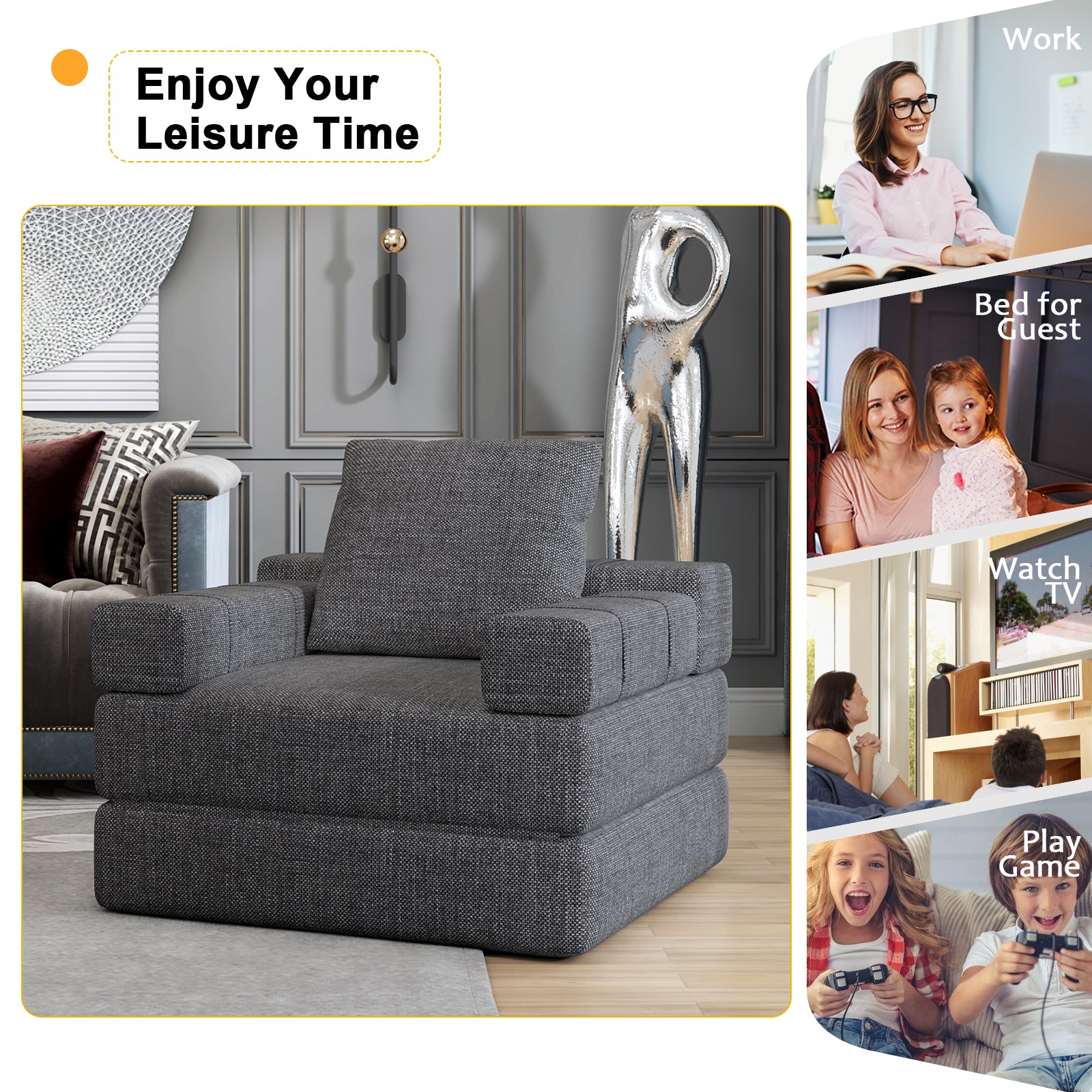Single Sofa Chair That Converts To A Single Sofa Bed For Living Room, Guest Room, Playroom, Dark Grey Dark Grey Primary Living Space Modern Foam Linen
