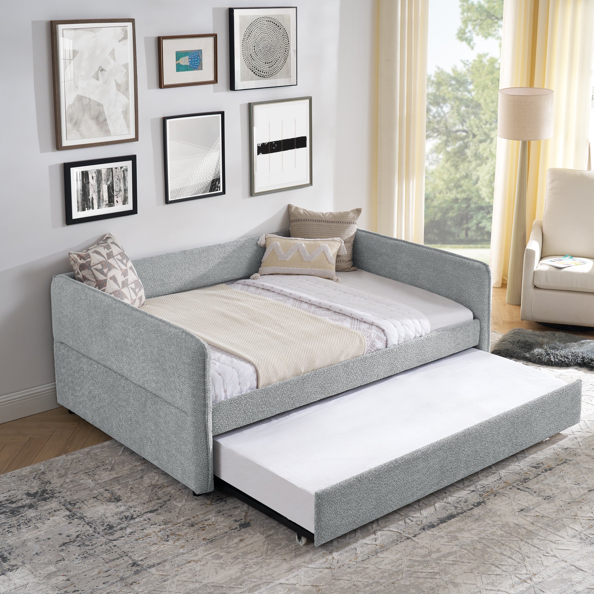 Daybed With Trundle Upholstered Tufted Sofa Bed, Full Size, Boucle Fabric, Grey 83"X58.5"X29.5" Grey Linen