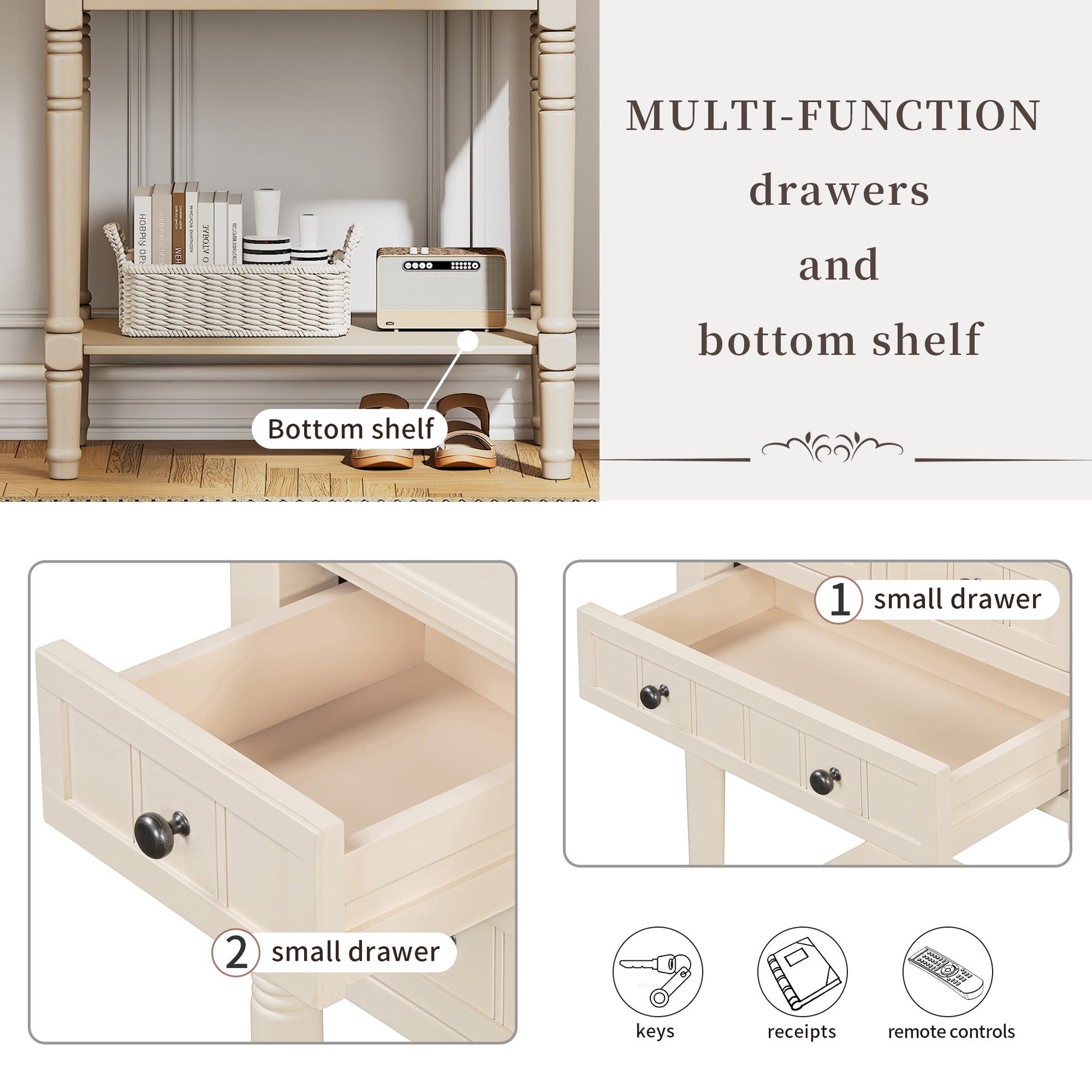 Narrow Console Table, Slim Sofa Table With Three Storage Drawers And Bottom Shelf Beige Beige Solid Wood Mdf