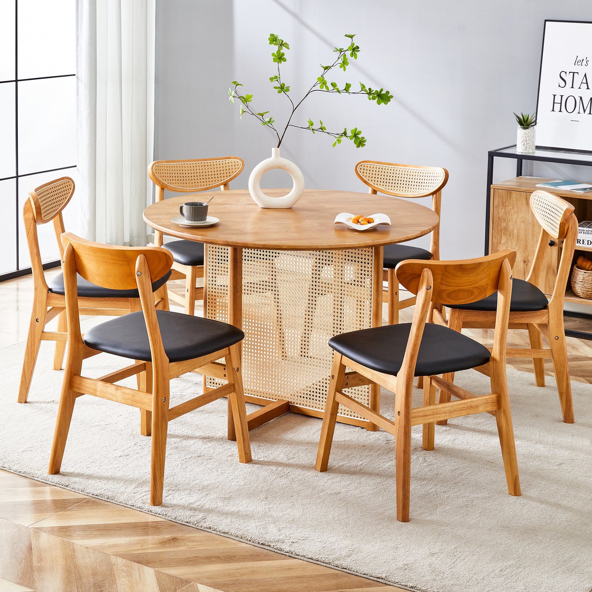 Table And Chair Set, Ancient Style Solid Wood Dining Table, Imitation Rattan Table Legs, Beautiful Simple Solid Wood Dining Chair, Perfect For Dinner, Meetings, Home And Office Decoration Wood Rubber Wood