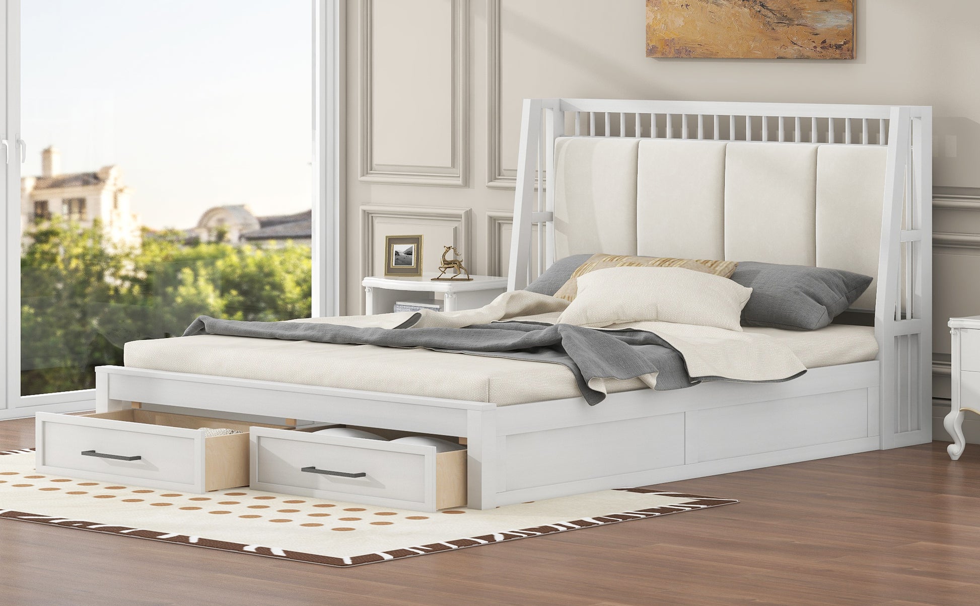 Queen Size Wood Platform Bed With Upholstered Headboard And 2 Drawers, Antique White Box Spring Not Required Queen White Wood Bed Frame Solid Wood Mdf