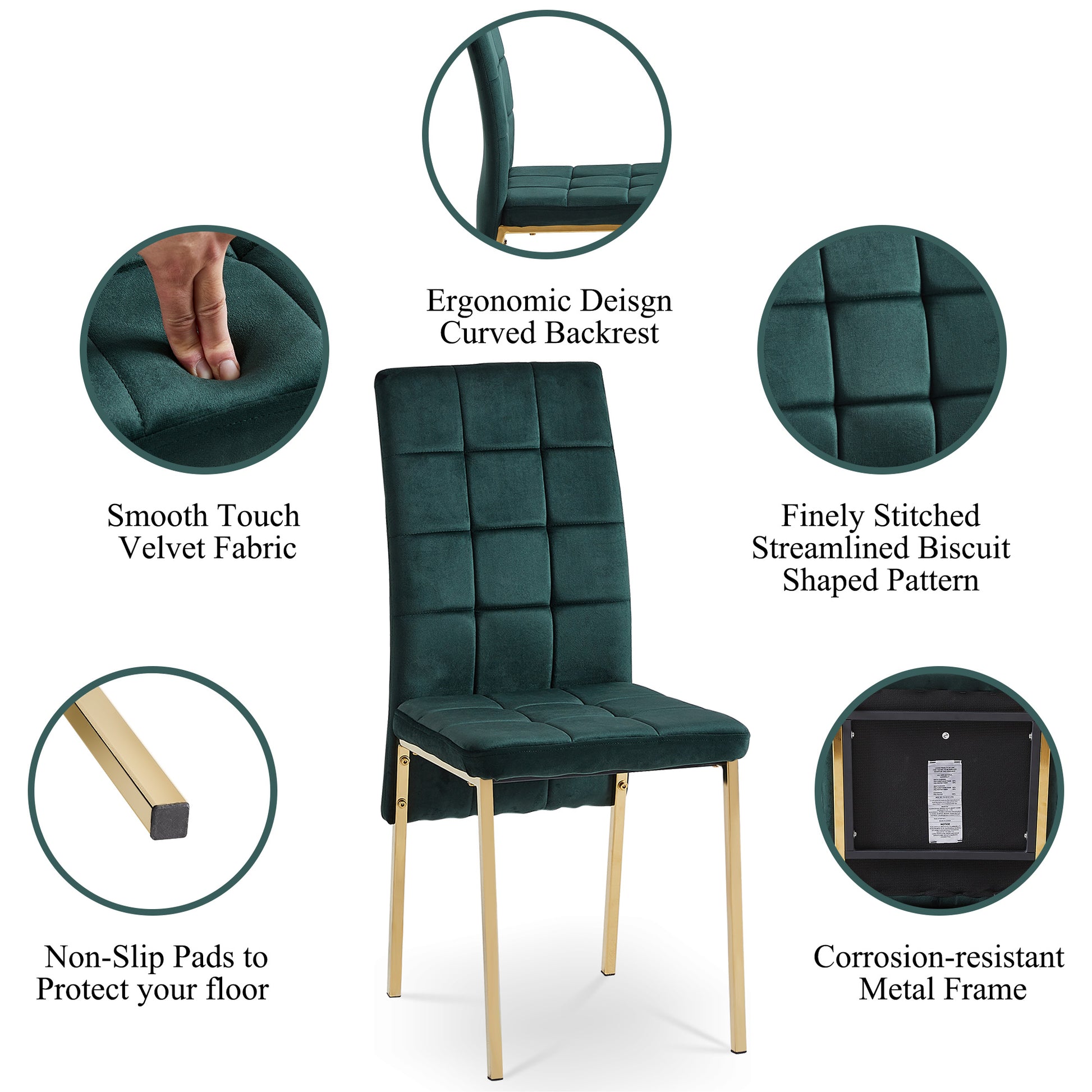 Green Velvet High Back Nordic Dining Chair Modern Fabric Chair With Golden Color Legs, Set Of 4 Metal Plaid Green Dining Room Dry Clean Modern Dining Chairs Solid Back Foam Velvet