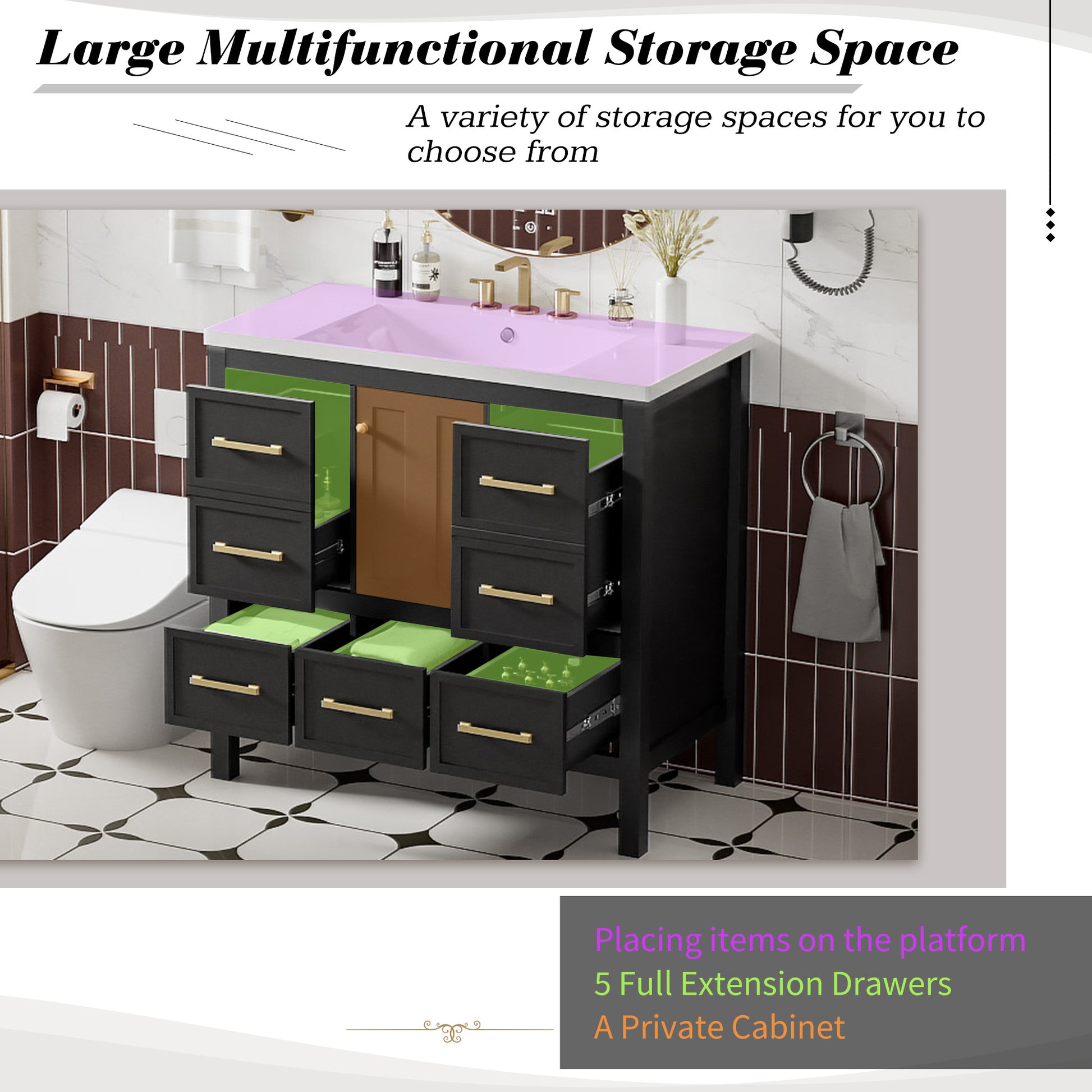 36'' Bathroom Vanity With Resin Sink Combo, Solid Wood Frame Bathroom Storage Cabinet, Freestanding Vanity Set With 5 Drawers& Soft Closing Doors Same As N710S136002B Black Bathroom Solid Wood Mdf Resin
