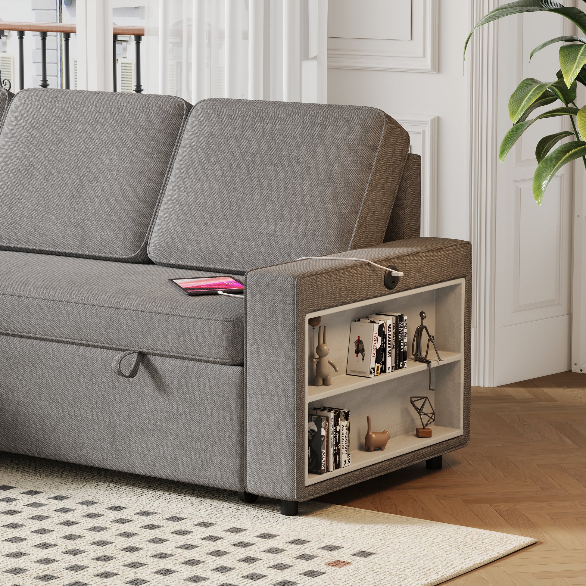 85.8" Pull Out Sleeper Sofa L Shaped Couch Convertible Sofa Bed With Storage Chaise And Storage Racks,With Usb Port And T Pyce Port Dark Grey Fabric 3 Seat